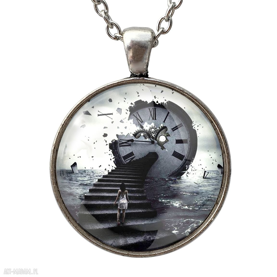 Uciekający czas duży medalion łańcuszkiem zegar schody mroczny