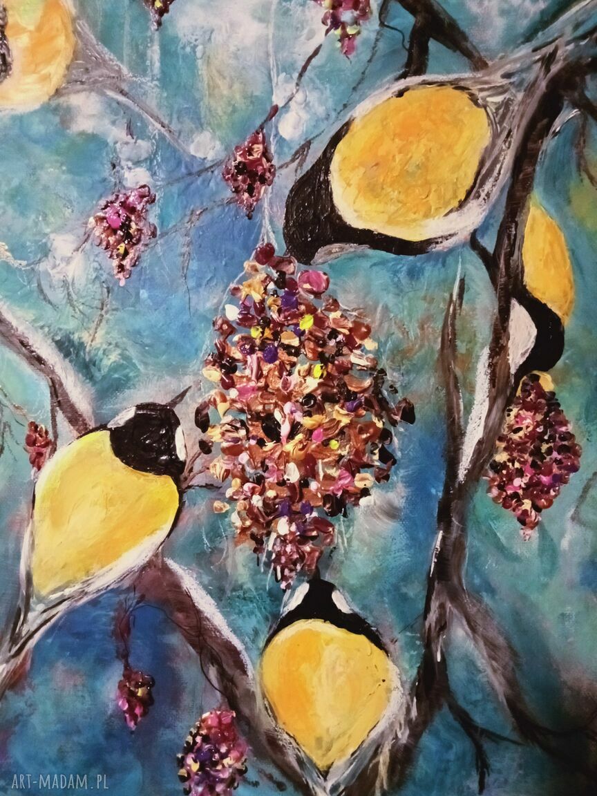 Uczta - ręcznie malowany obraz akrylowy ptaki i natura na płótnie 40 x 40 x 2 cm
