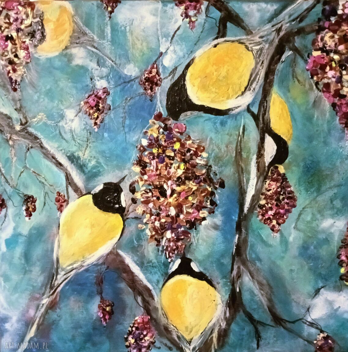 Uczta - ręcznie malowany obraz akrylowy ptaki i natura na płótnie 40 x 40 x 2 cm