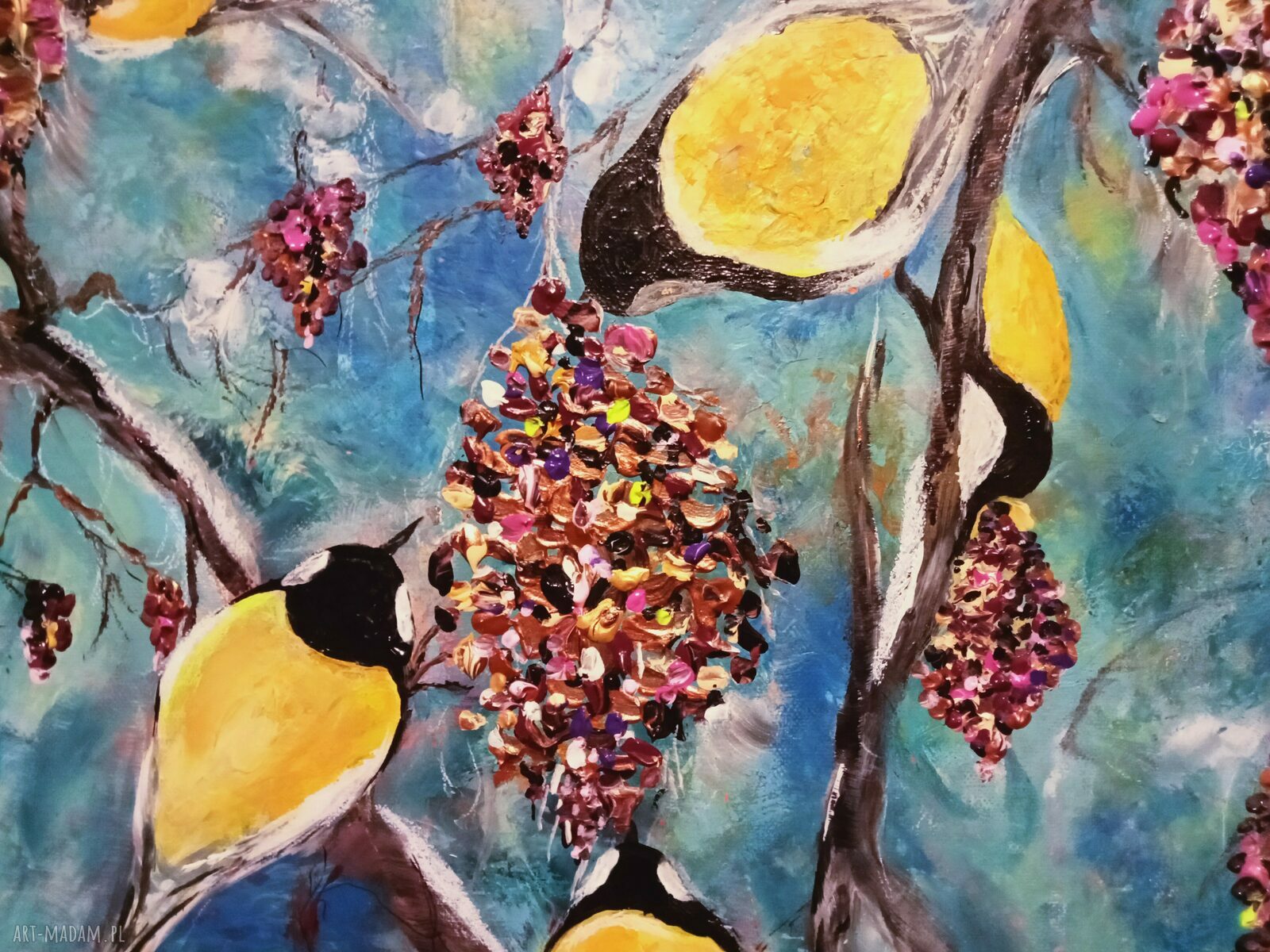 Uczta - ręcznie malowany obraz akrylowy ptaki i natura na płótnie 40 x 40 x 2 cm