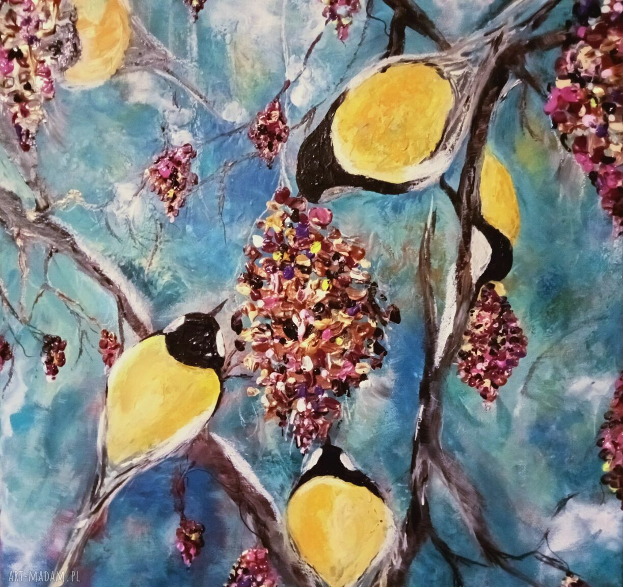 Uczta - ręcznie malowany obraz akrylowy ptaki i natura na płótnie 40 x 40 x 2 cm