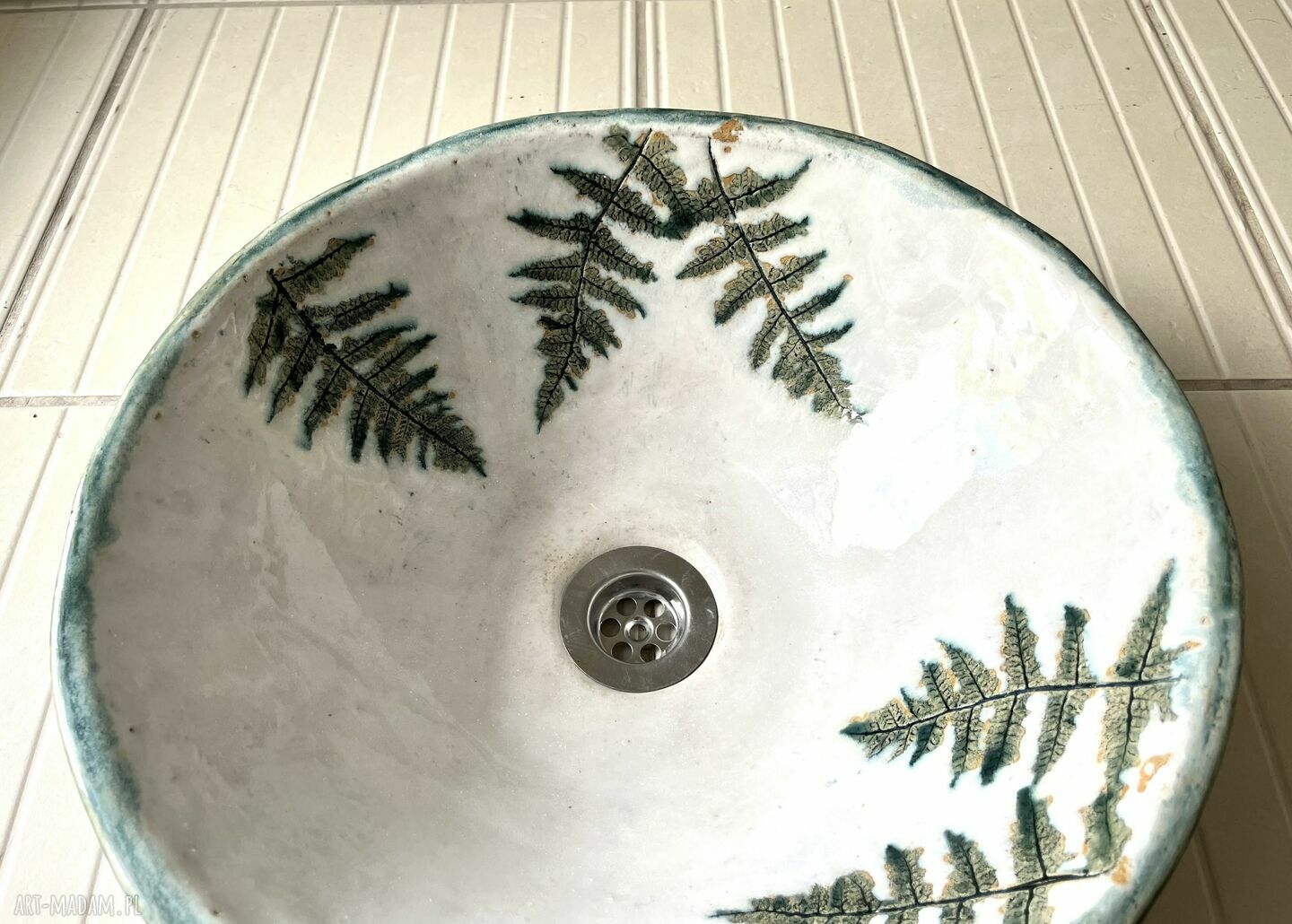 Umywalka ceramiczna „Paprocie” - ręcznie robiona nablatowa z szamotu