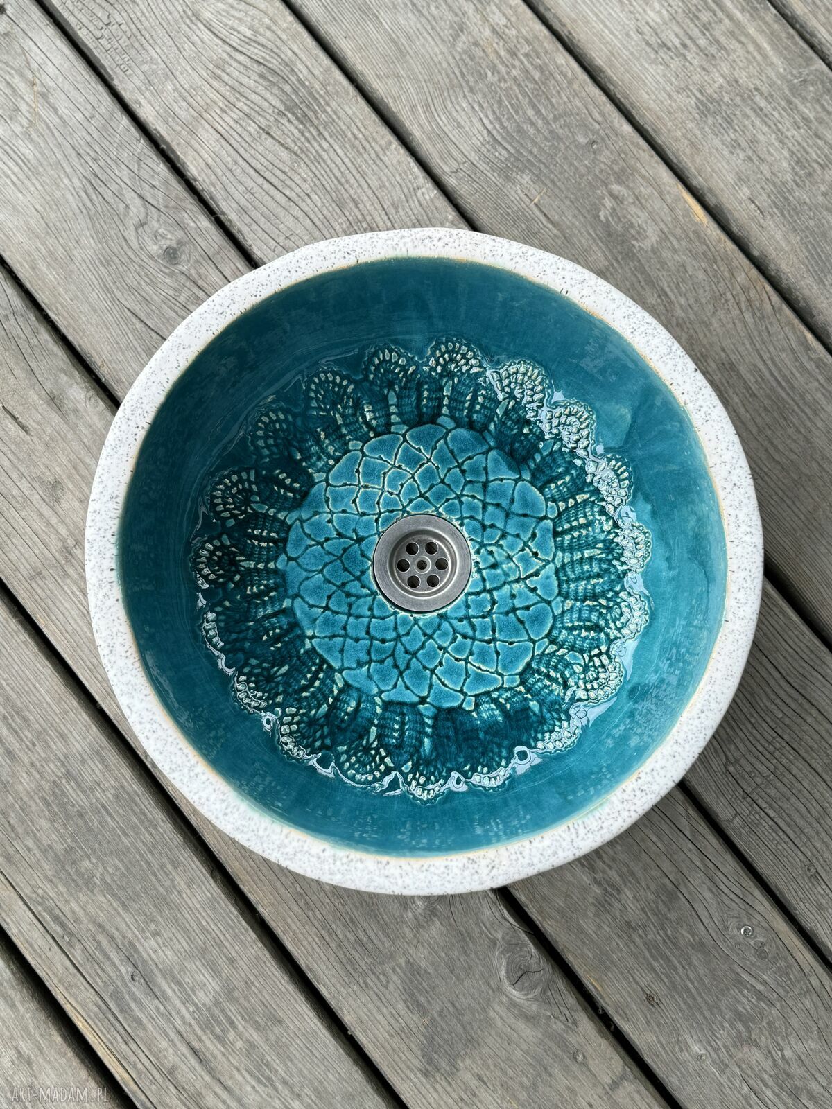 Umywalka ceramiczna nablatowa Um67 - ręcznie robiona, turkusowe wnętrze