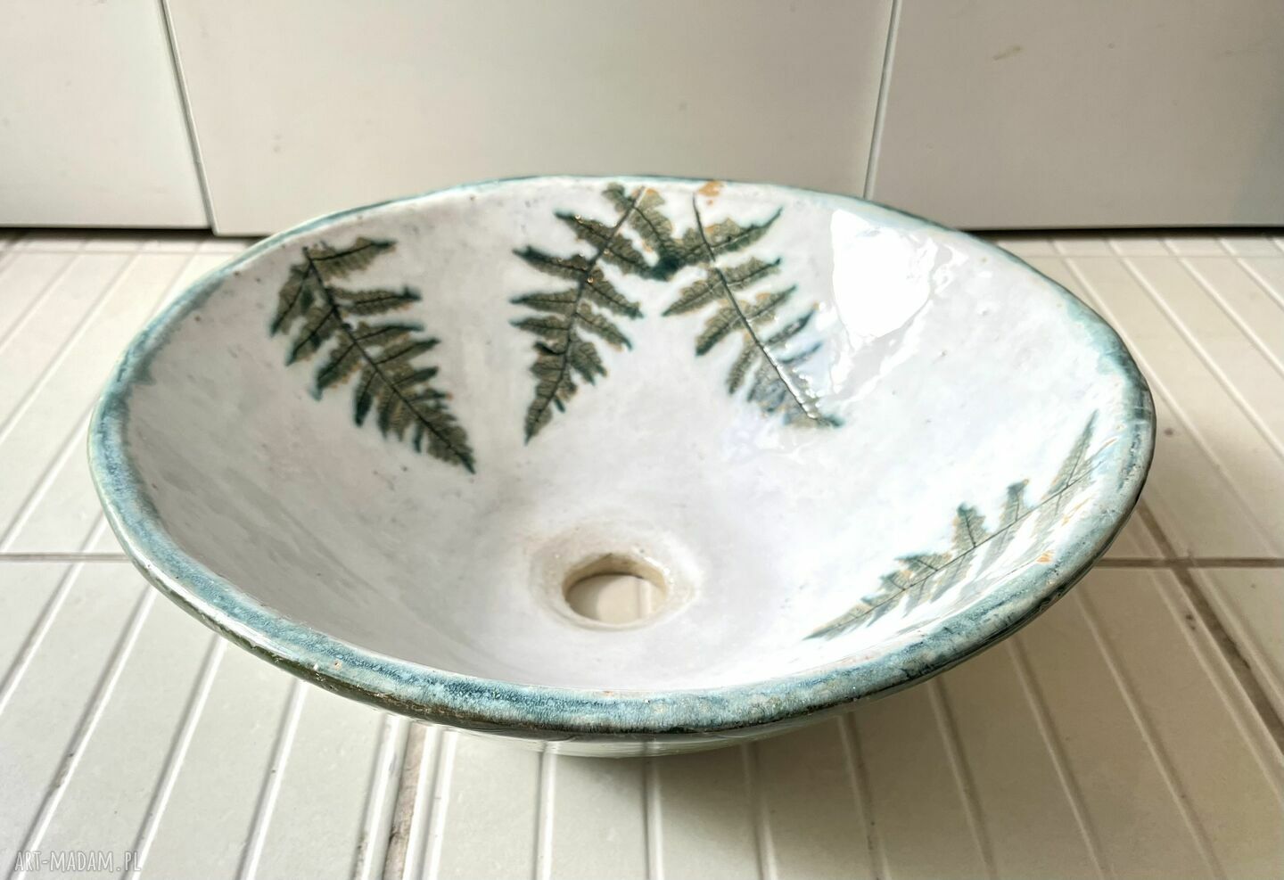 Umywalka ceramiczna „Paprocie” - ręcznie robiona nablatowa z szamotu