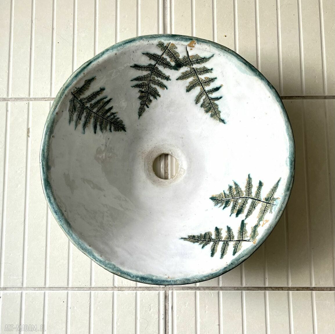 Umywalka ceramiczna „Paprocie” - ręcznie robiona nablatowa z szamotu