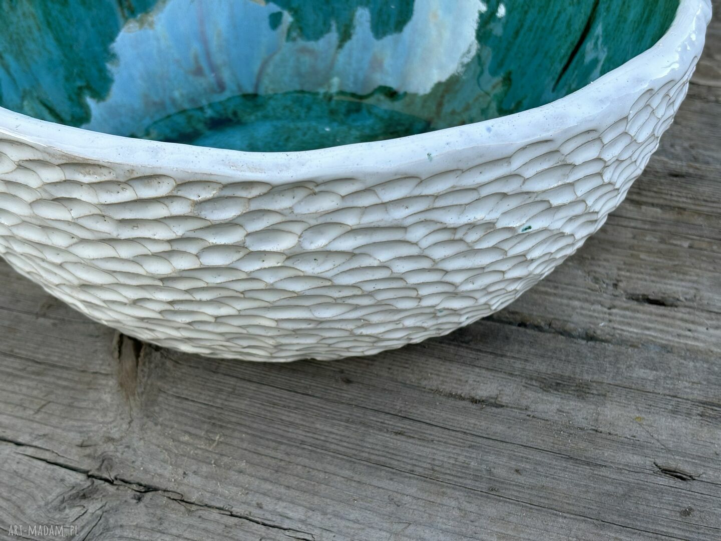 Umywalka ceramiczna biało-turkusowa - ręcznie zdobiona sgraffito