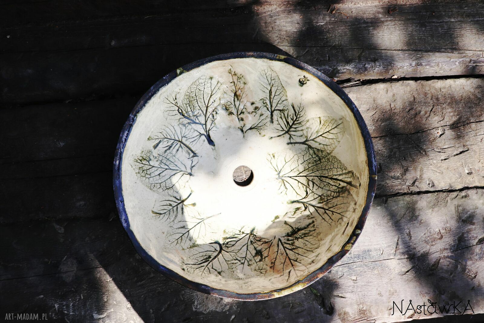 Umywalka „Liść Łopianu” 34 cm - nablatowa ceramika handmade z odbitymi liśćmi