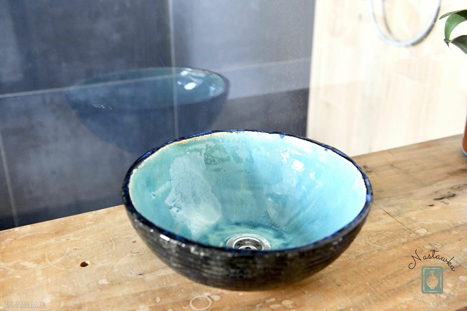 Umywalka nablatowa 32 cm - ręcznie robiona ceramiczna w turkusie i czerni
