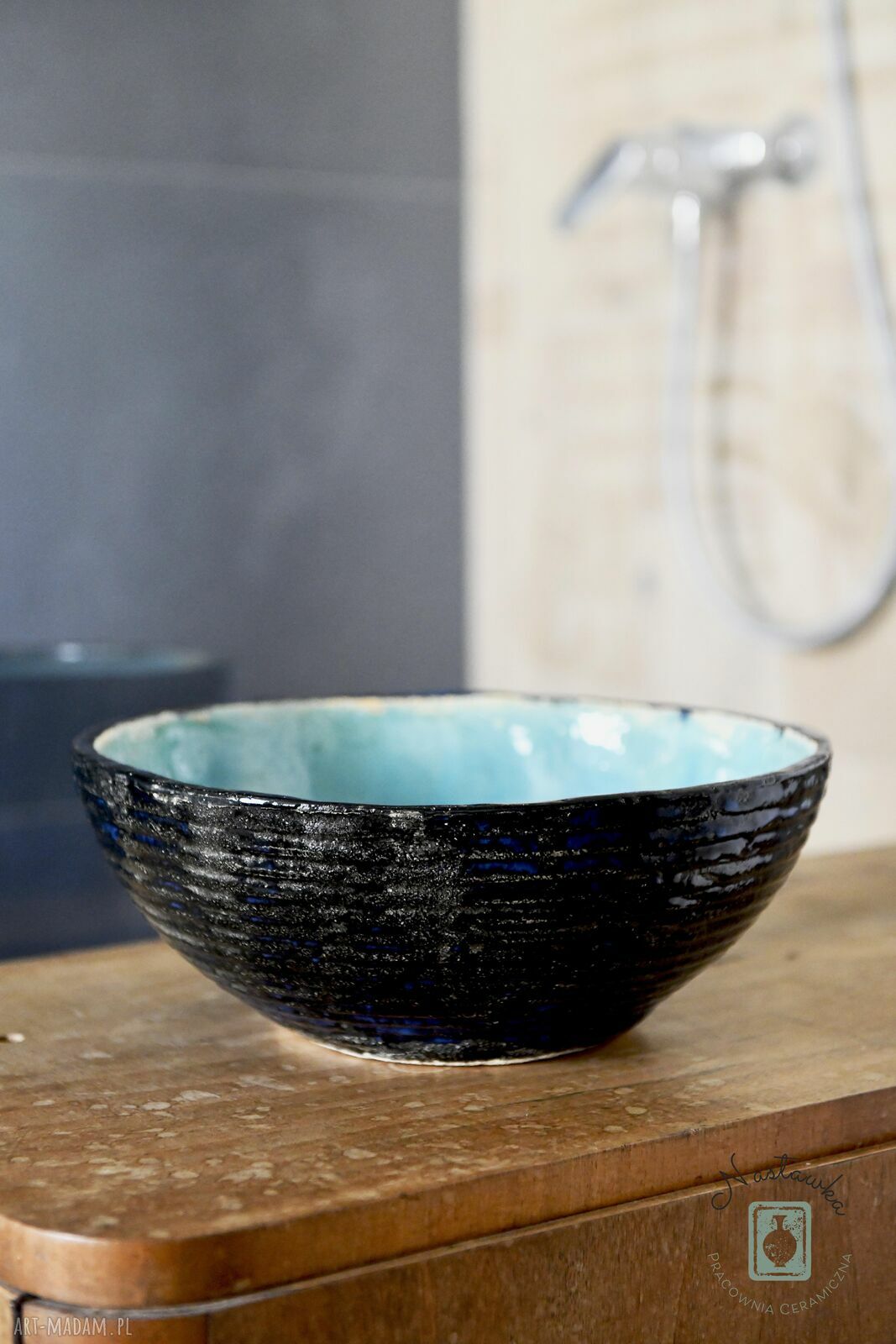 Umywalka nablatowa 32 cm - ręcznie robiona ceramiczna w turkusie i czerni