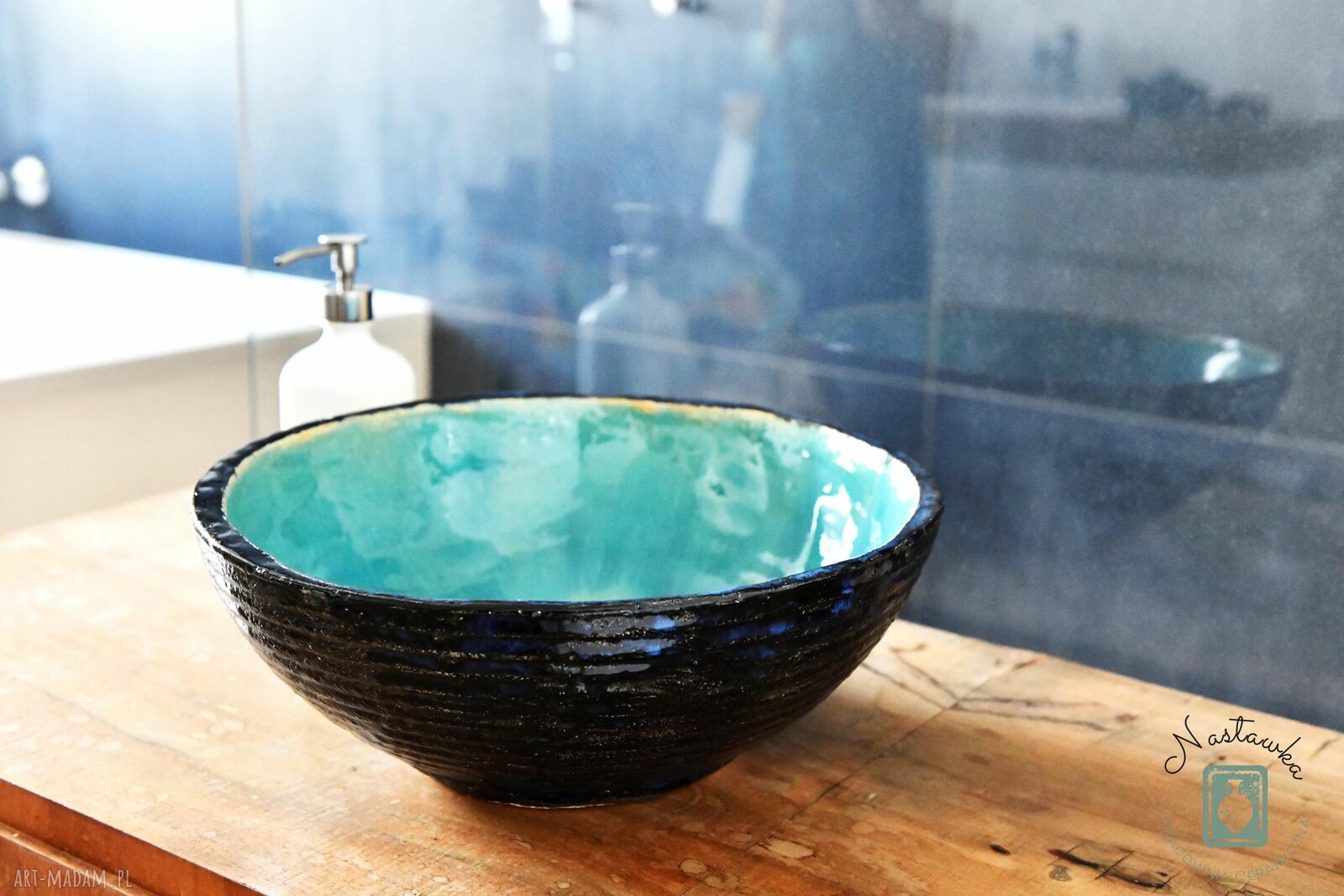 Umywalka nablatowa 32 cm - ręcznie robiona ceramiczna w turkusie i czerni