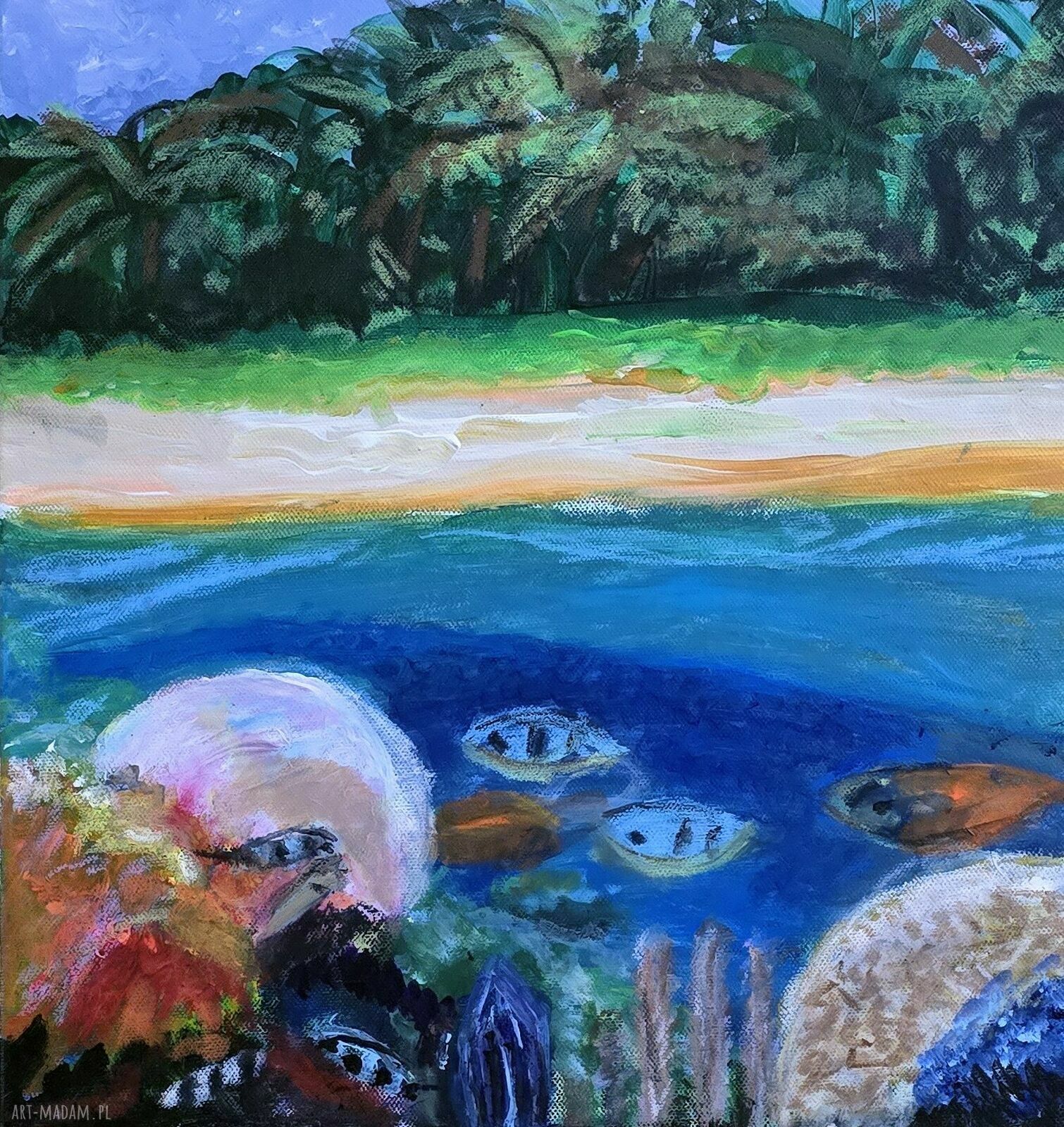 Underwater 4 - ręcznie malowany obraz morze w turkusach 40x40 cm