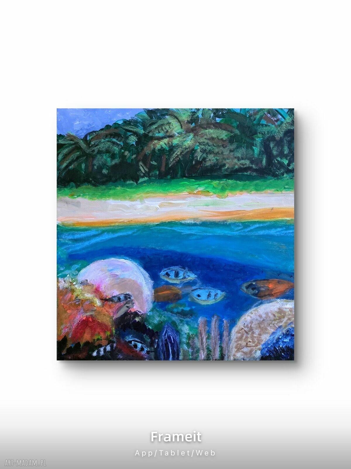Underwater 4 - ręcznie malowany obraz morze w turkusach 40x40 cm