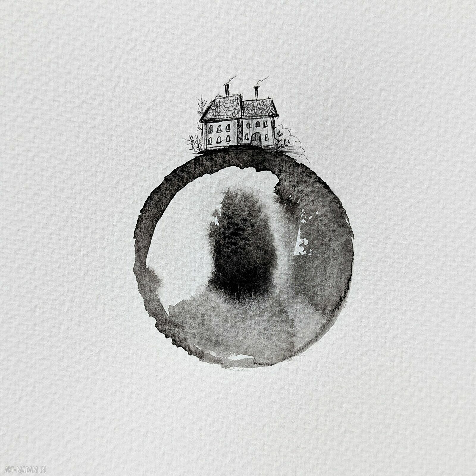 Unikatowa akwarela „Domek 5” oprawiona w ramę 31x31 cm