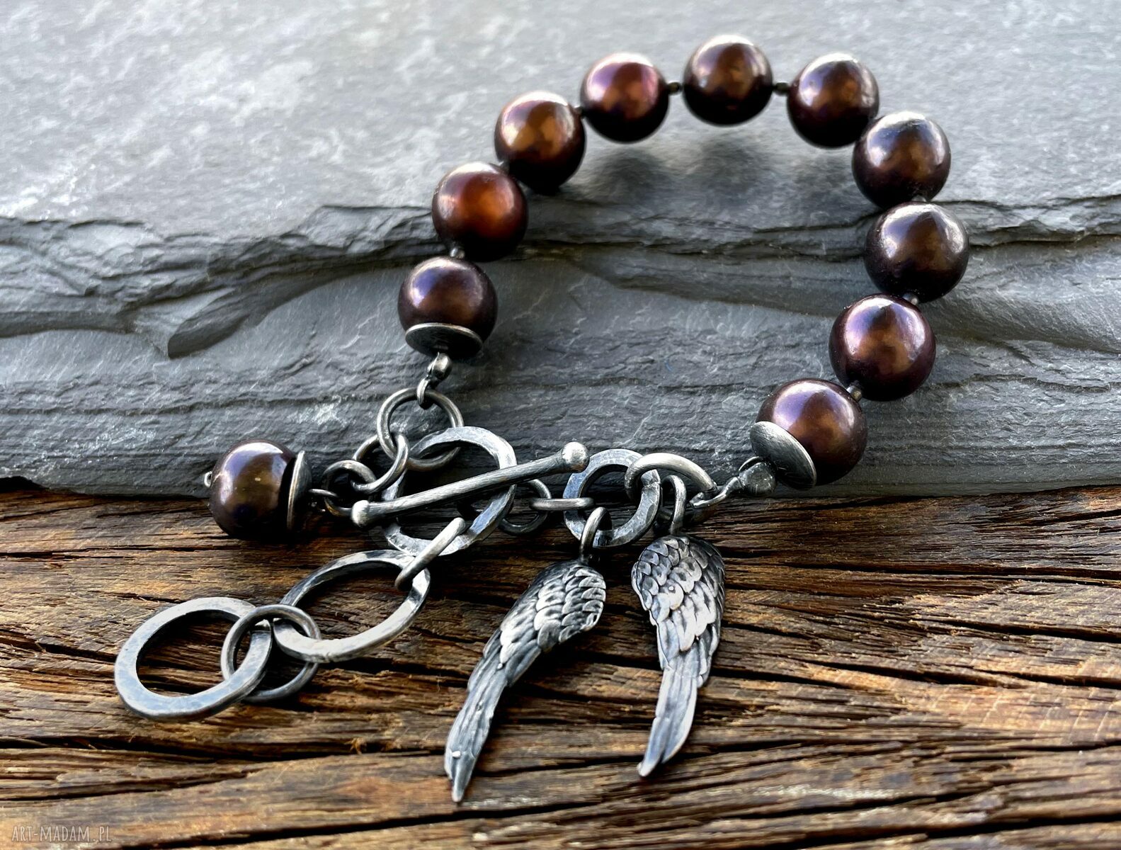 Unikatowa bransoletka handmade z czekoladowymi perłami i skrzydłami - srebro 925