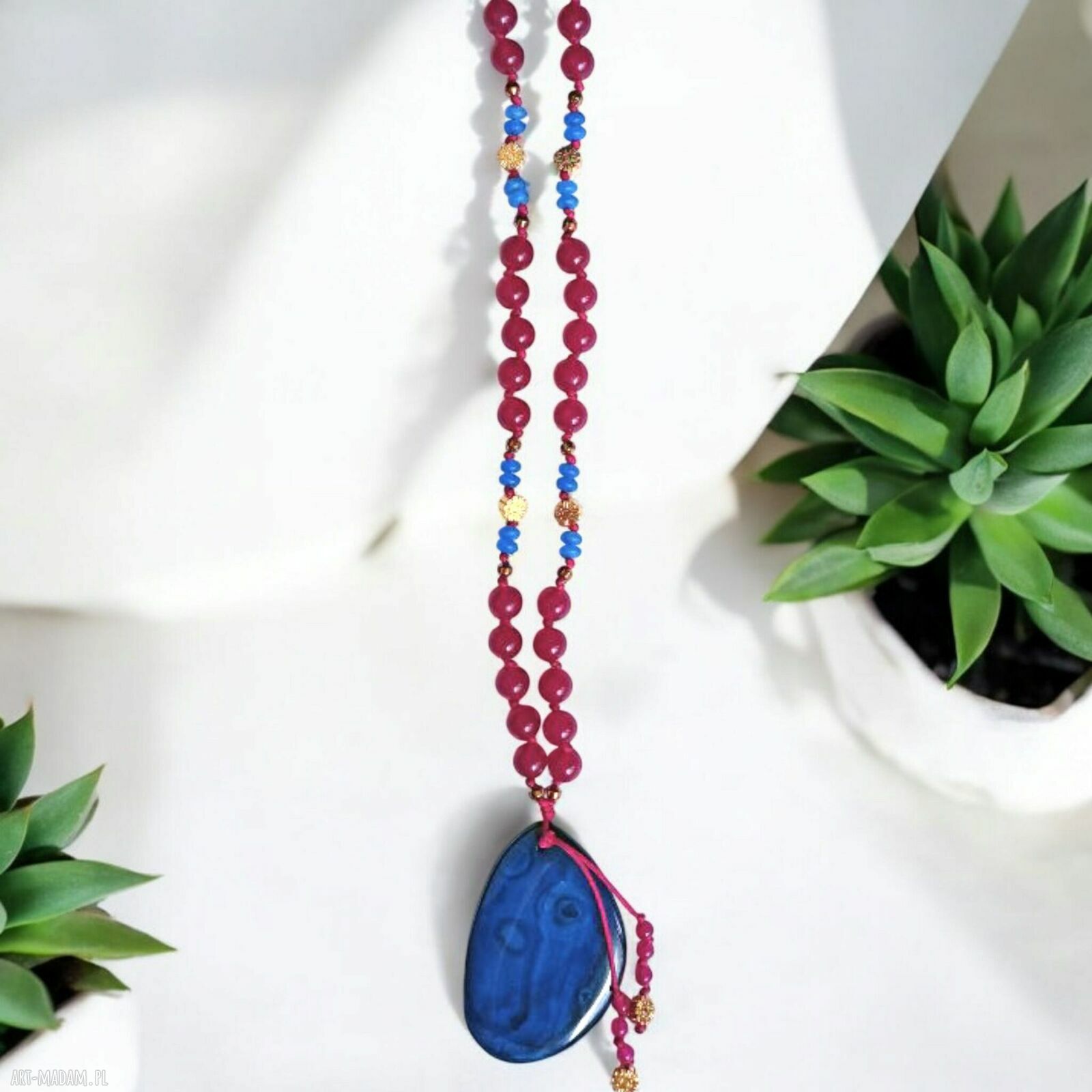 Unikatowy naszyjnik supełkowany fuchsia & blue - agat i jadeit