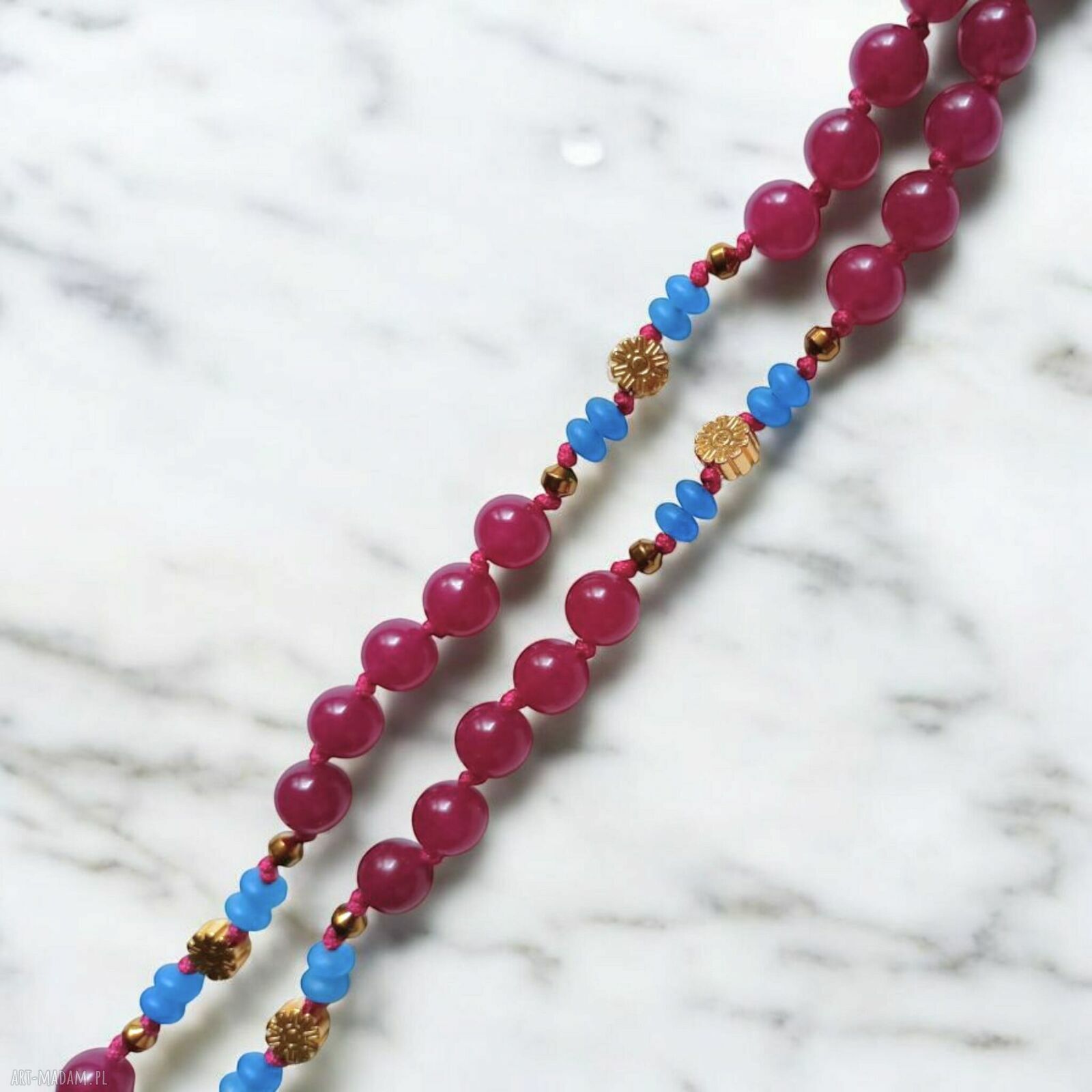 Unikatowy naszyjnik supełkowany fuchsia & blue - agat i jadeit