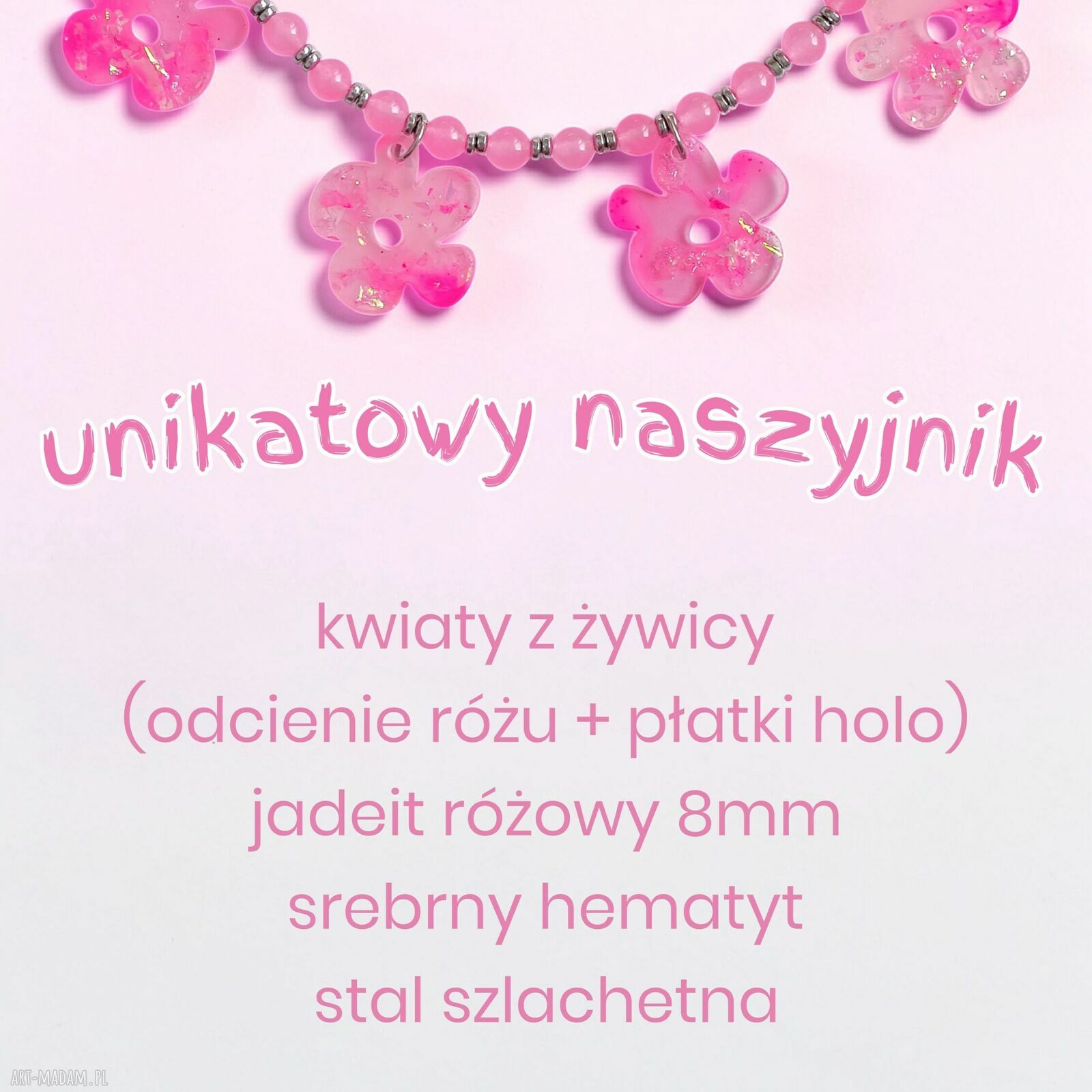 Unikatowy naszyjnik Barbie z żywicy i kamieni naturalnych