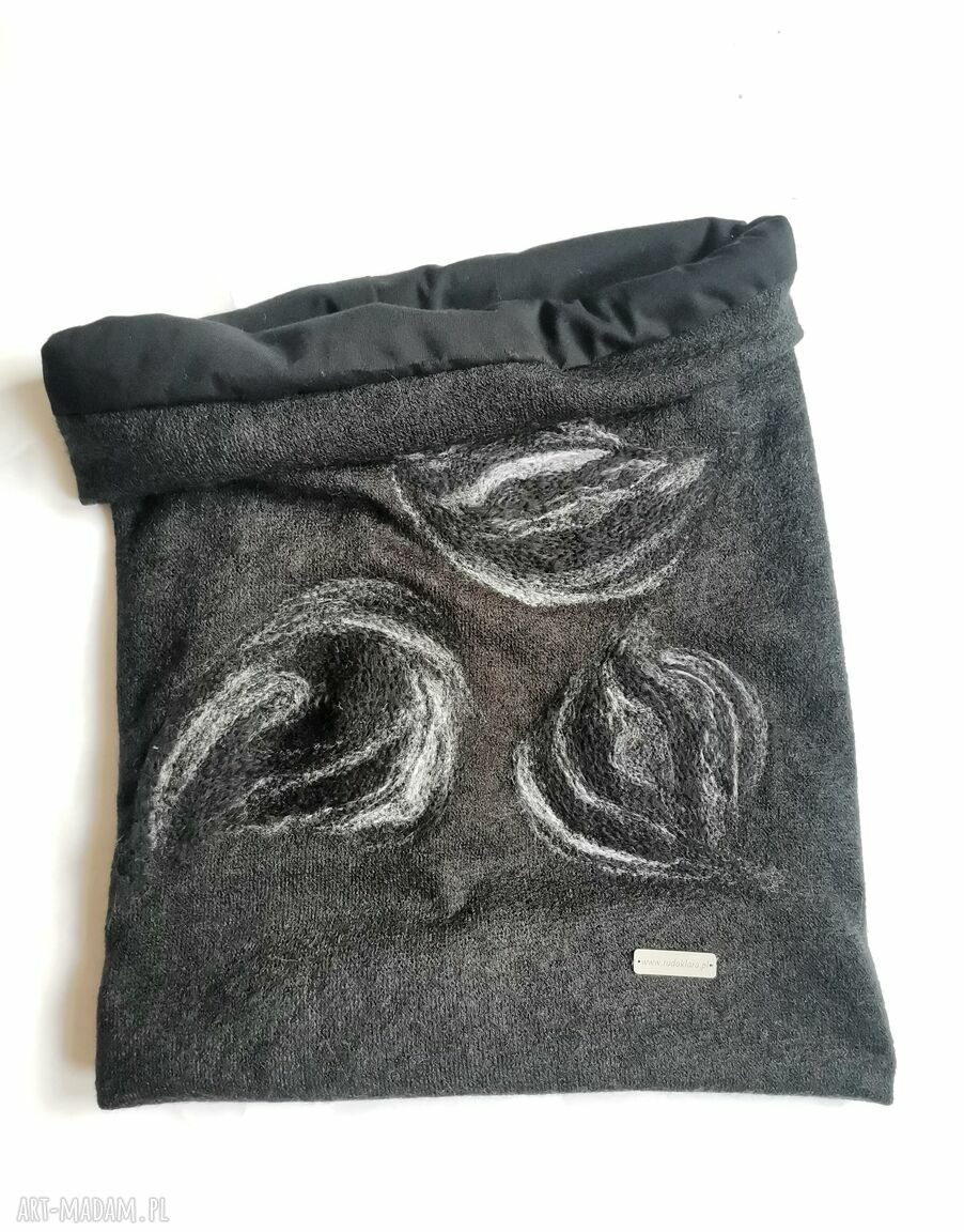 Komin z wełny merino filcowany Frida Folk Etno Boho z frędzlami