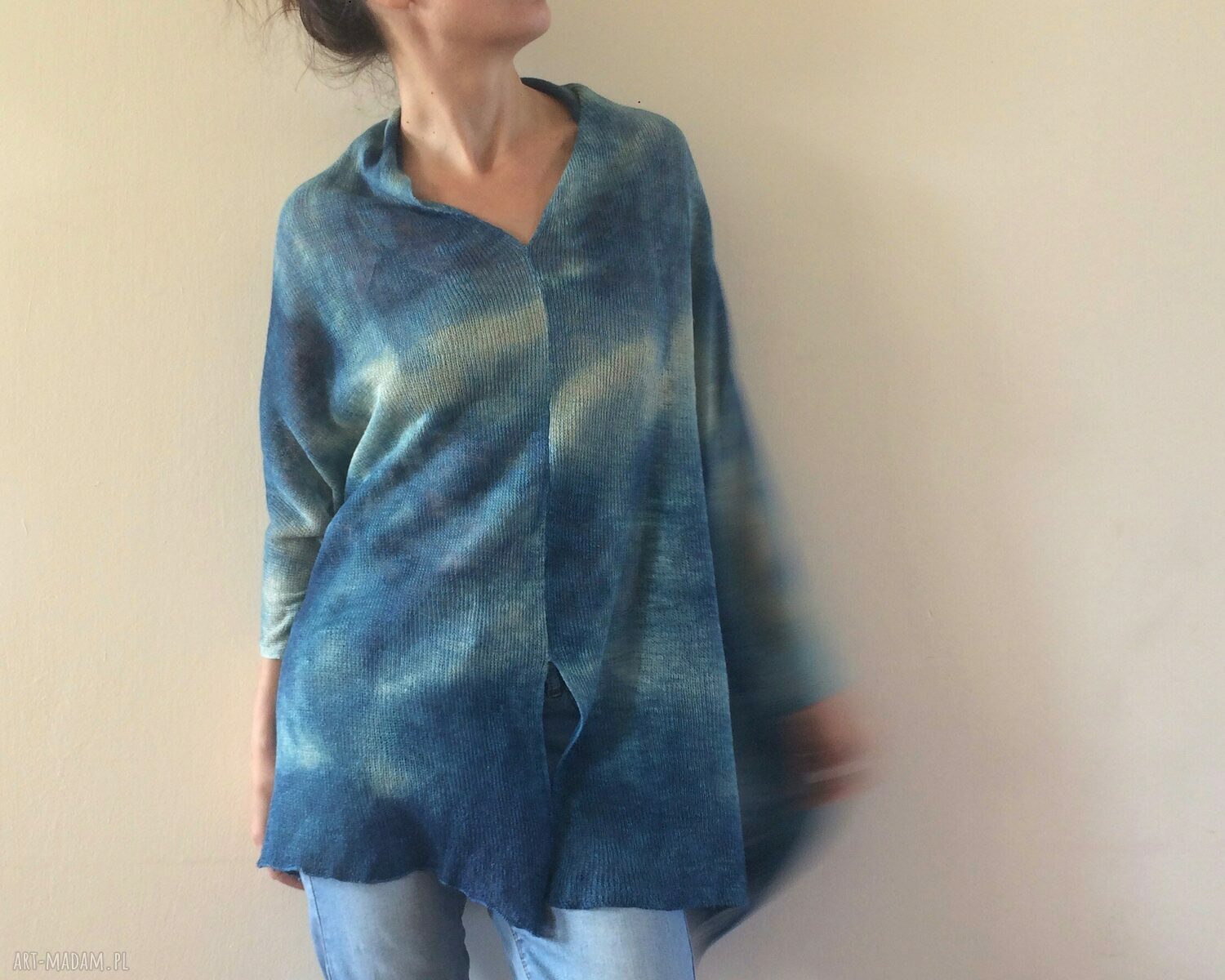 Uniwersalne lniane ponczo blue - narzutka handmade one size