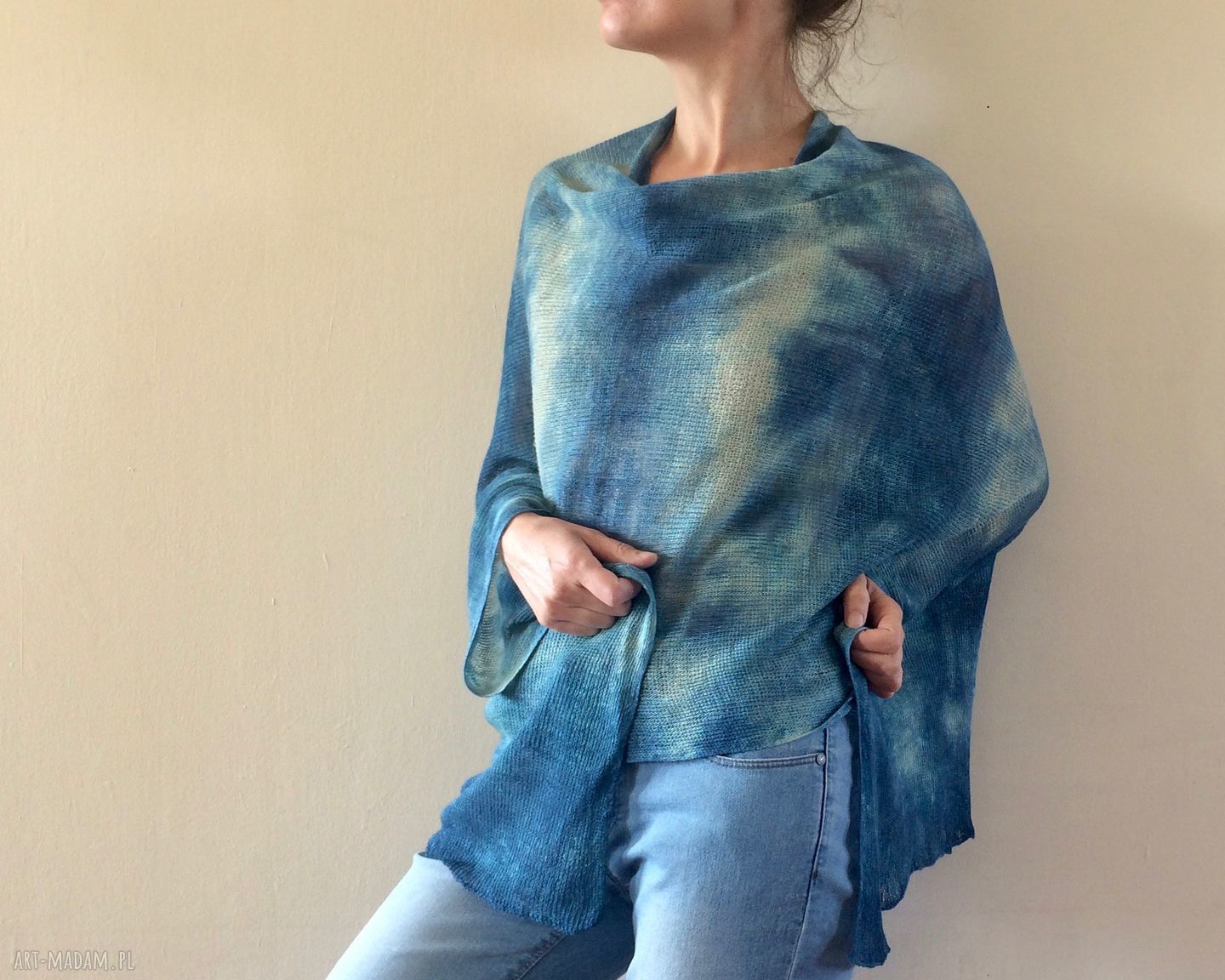 Uniwersalne lniane ponczo blue - narzutka handmade one size