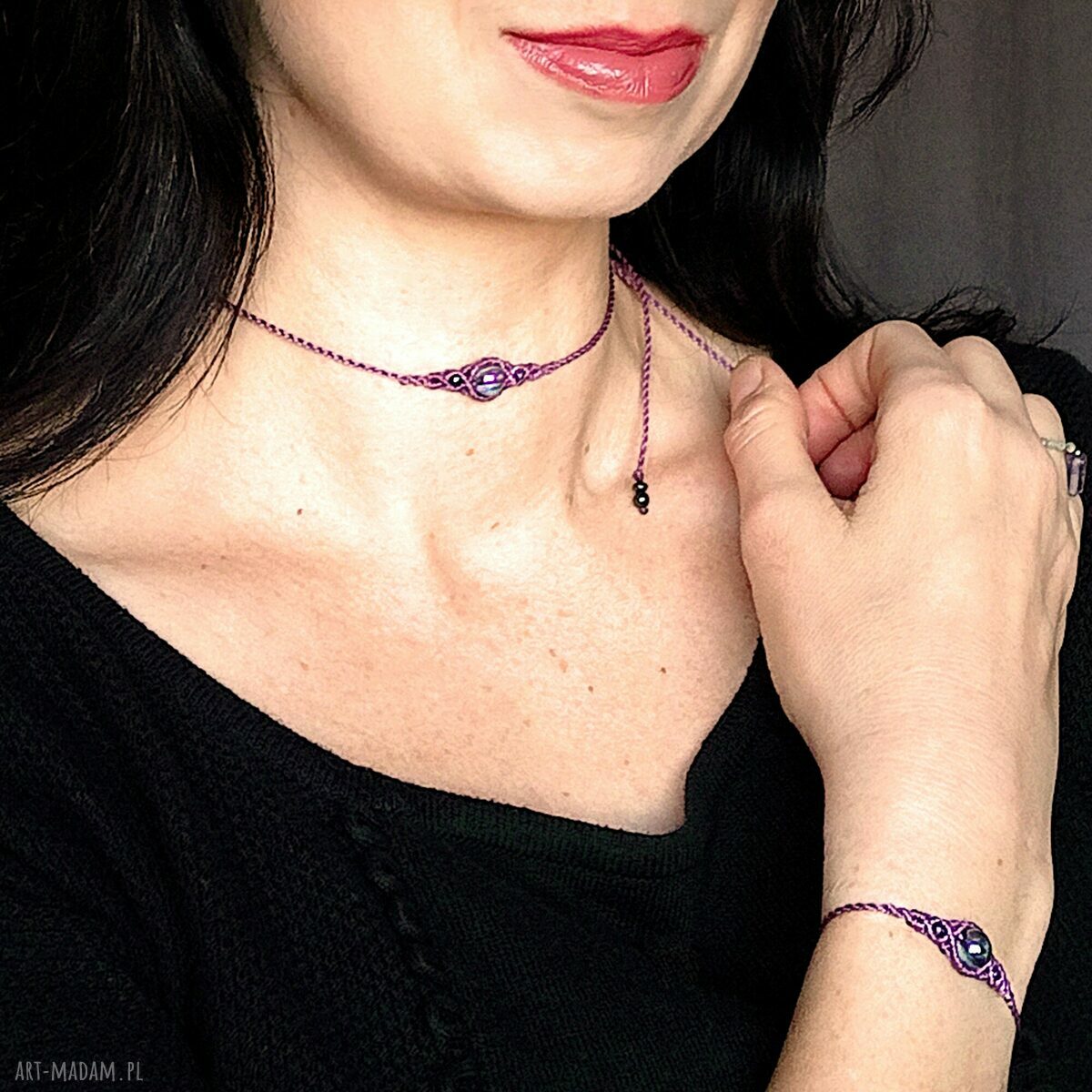 UNO - choker z kryształem górskim w mikromakramie i bransoletka