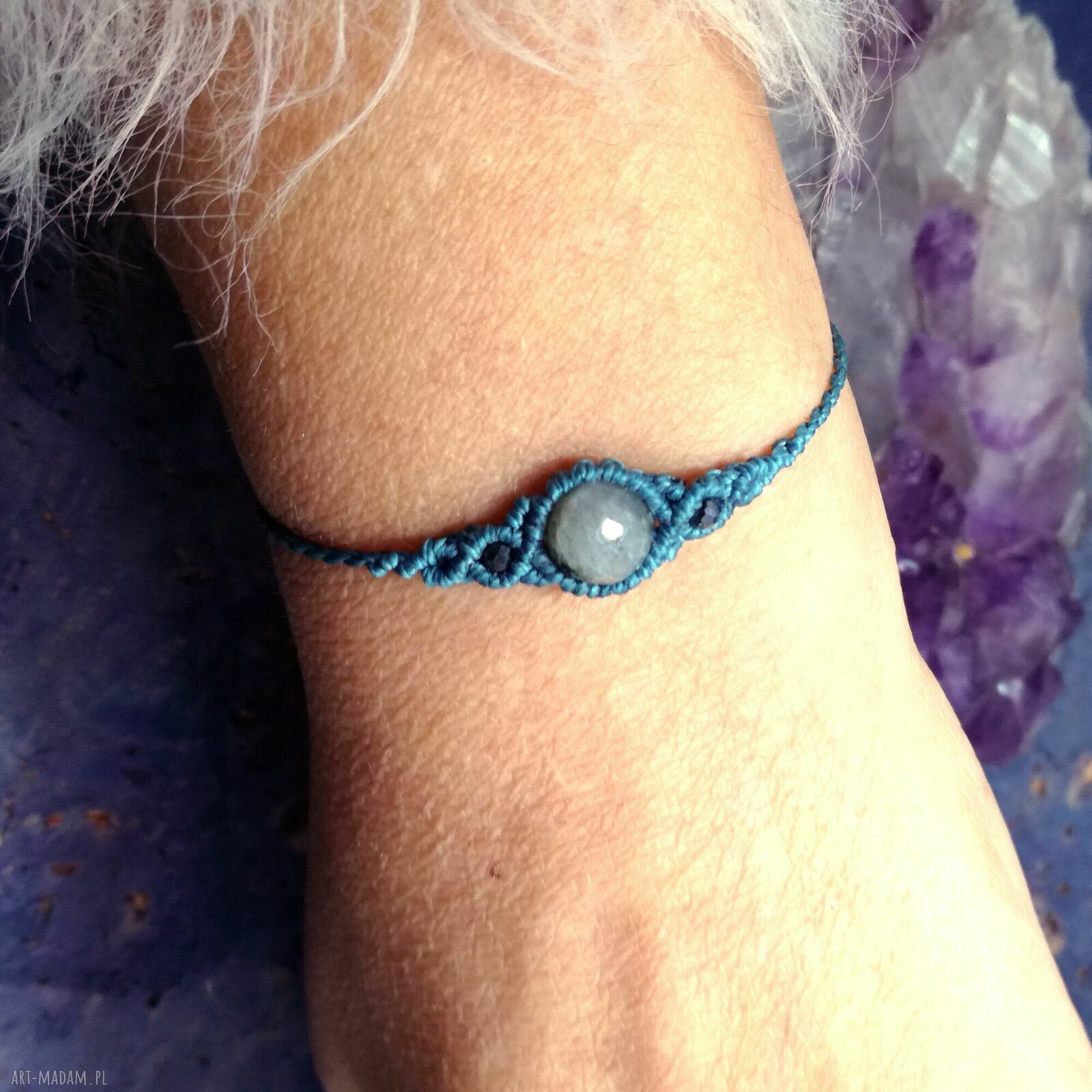 UNO - bransoletka z labradorytem i hematytem w mikromakrame handmade
