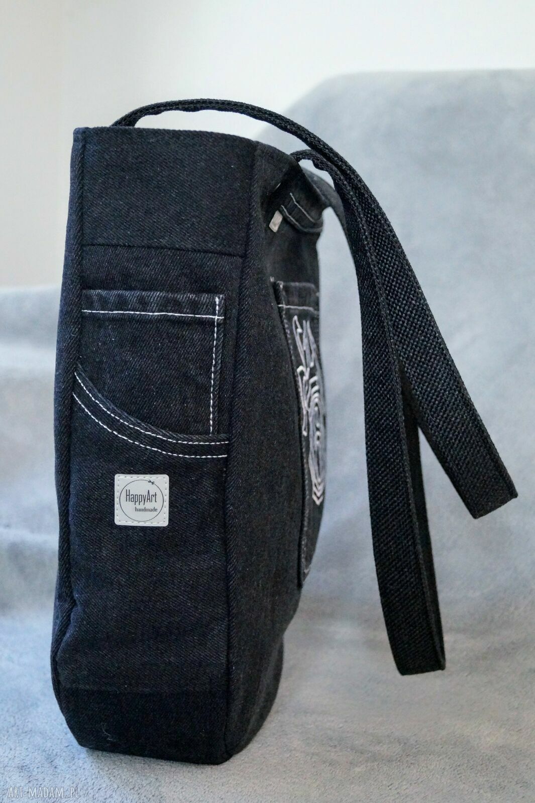 Upcyklingowa jeansowa torebka na ramię Happy Art - zero waste
