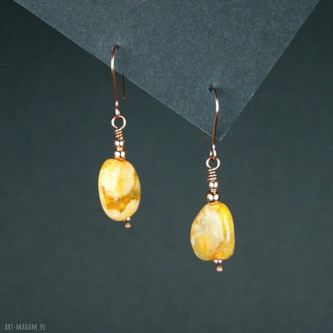 Kolczyki z żółtym agatem - ręcznie robione wire wrapping