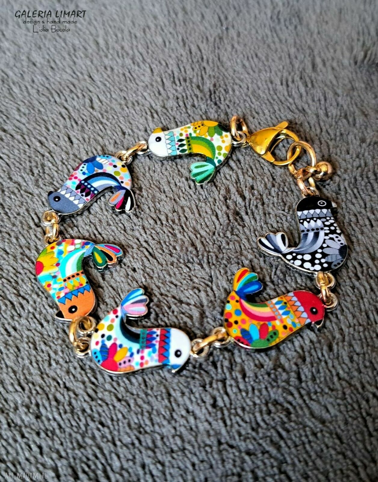 Urocza bransoletka boho z kolorowymi emaliowanymi ptaszkami - handmade