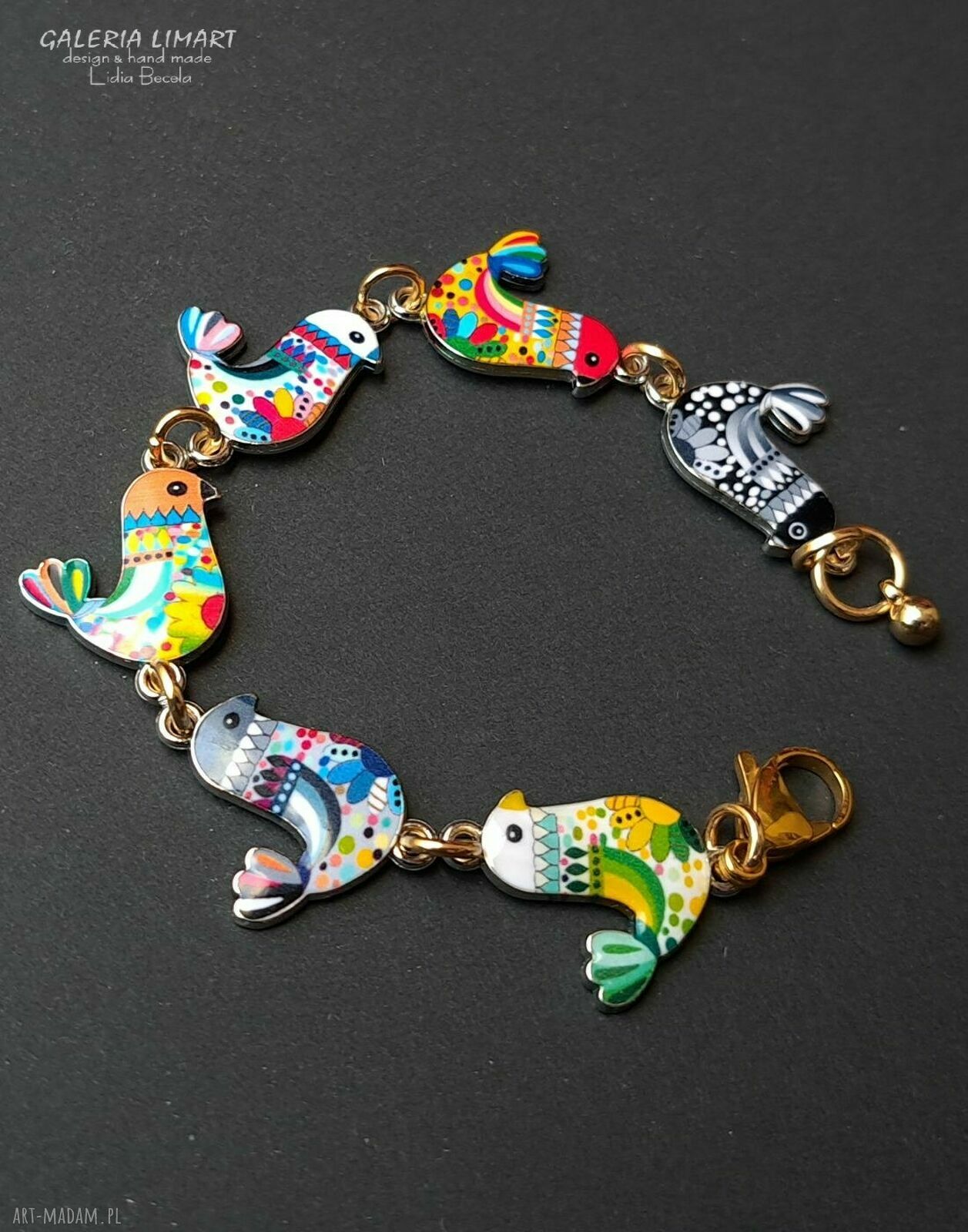 Urocza bransoletka boho z kolorowymi emaliowanymi ptaszkami - handmade