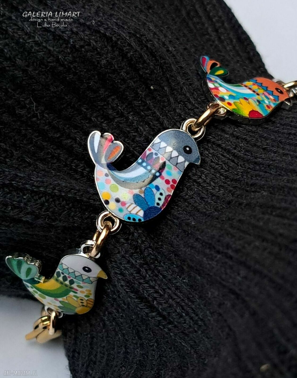 Urocza bransoletka boho z kolorowymi emaliowanymi ptaszkami - handmade