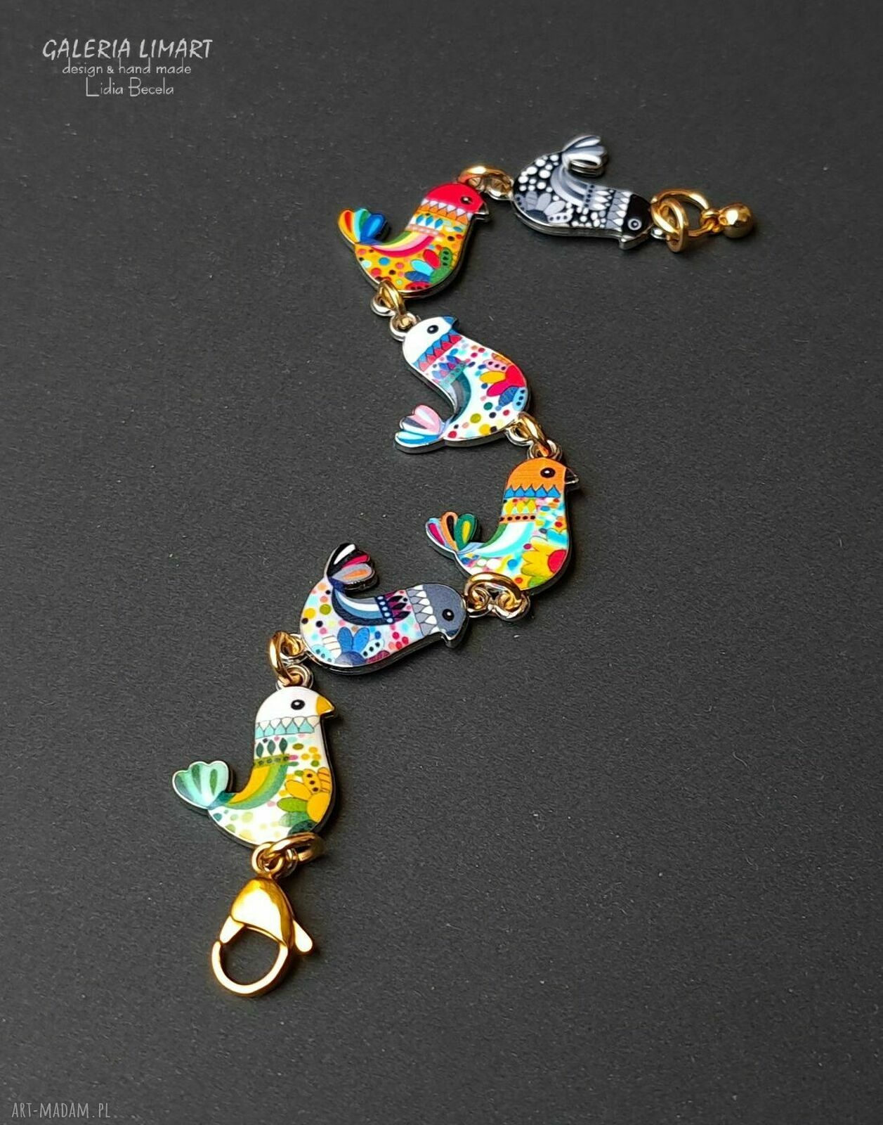 Urocza bransoletka boho z kolorowymi emaliowanymi ptaszkami - handmade