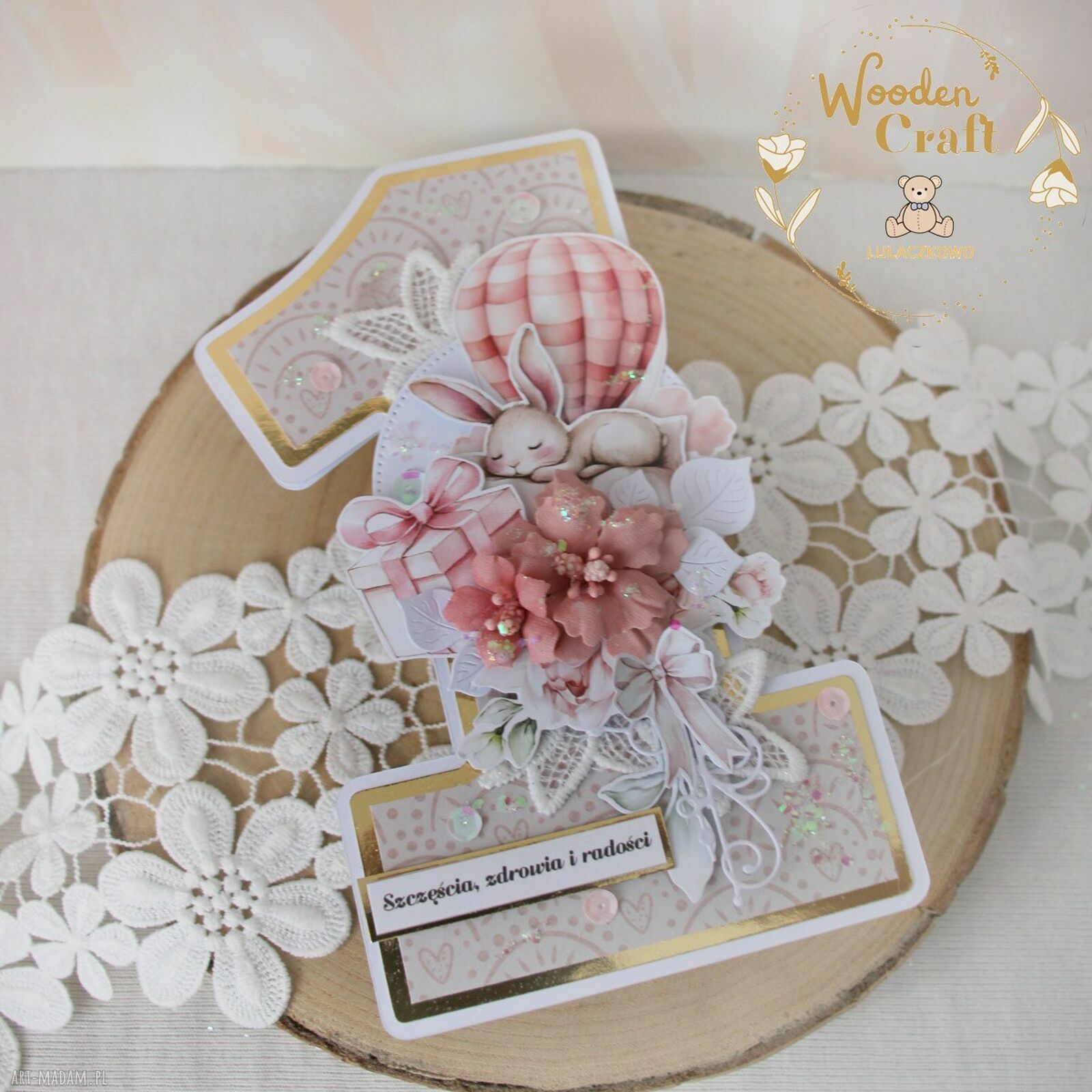 Urodzinowa kartka na roczek w kształcie cyferki 1 „Baby Bunny” - personalizacja