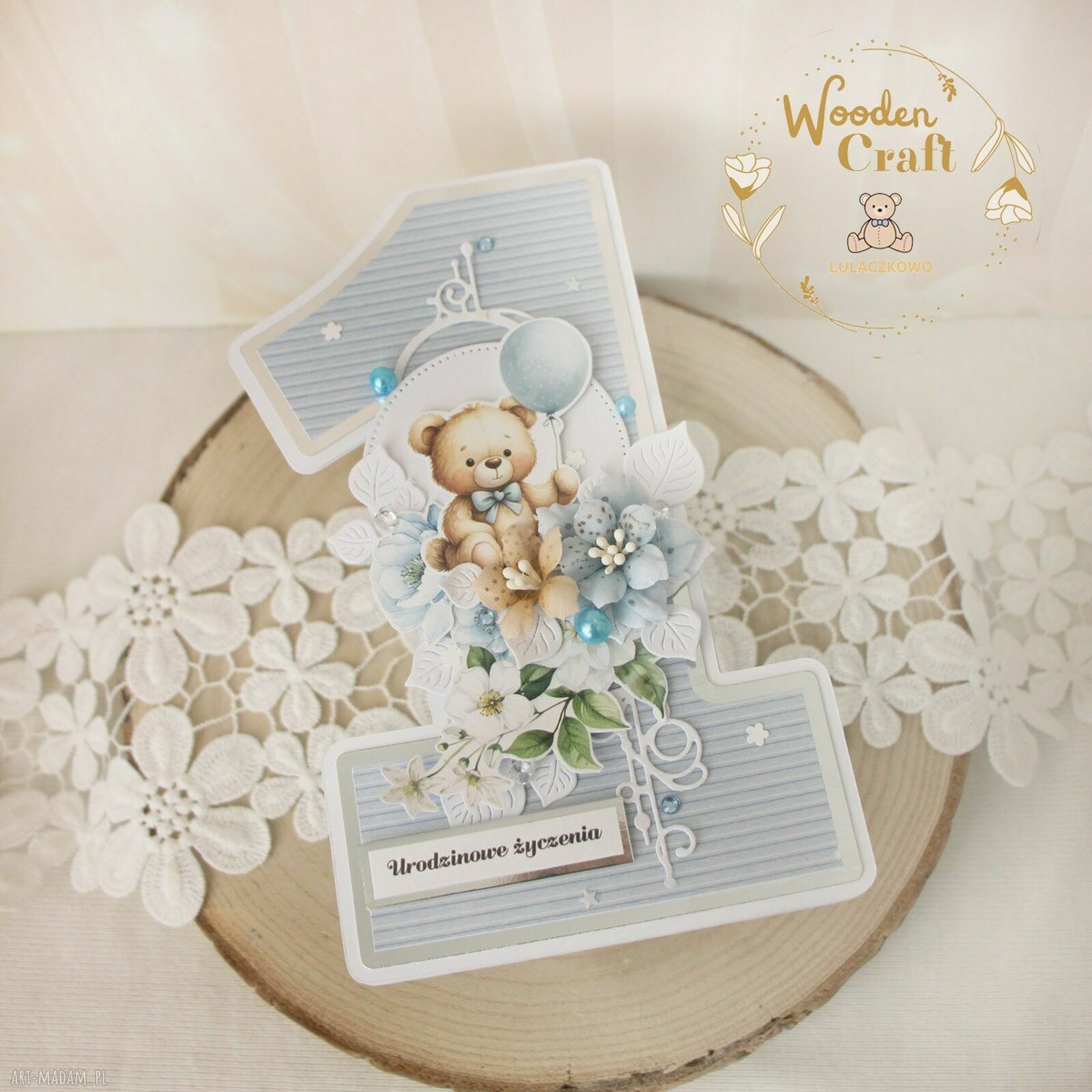 Urodzinowa kartka cyferka 1 Baby Blue 2 na roczek - gotowa do personalizacji