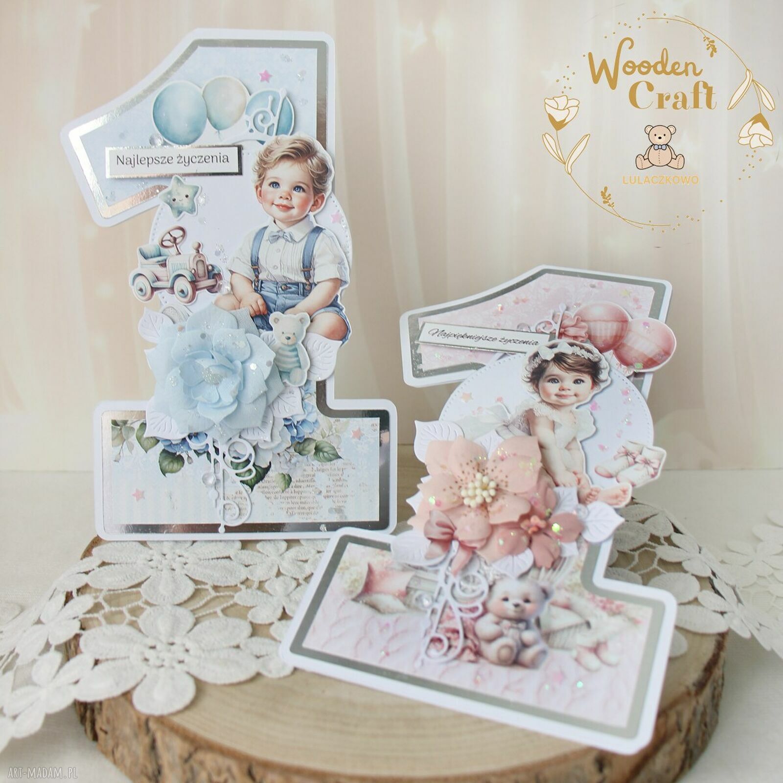 Urodzinowa kartka cyferka 1 Cotton Girl 1 na roczek dla dziewczynki (ręcznie robiona)