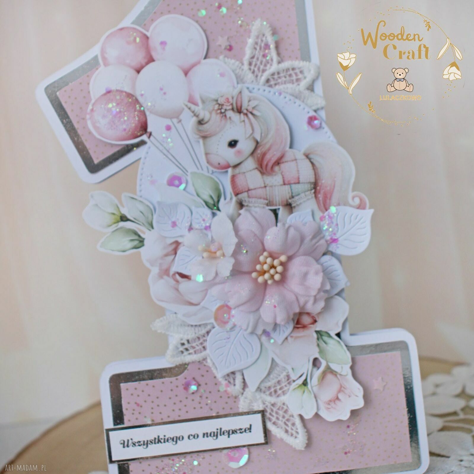 Urodzinowa kartka cyferka 1 na roczek “Baby Unicorn” GOTOWA