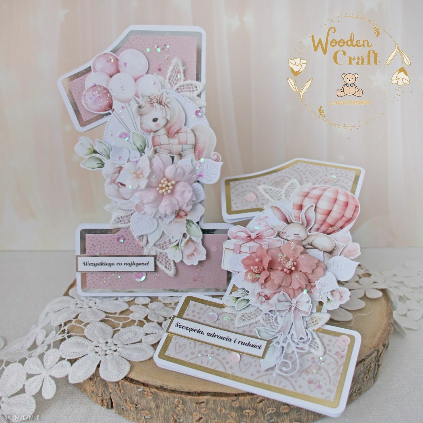 Urodzinowa kartka na roczek w kształcie cyferki 1 „Baby Bunny” - personalizacja