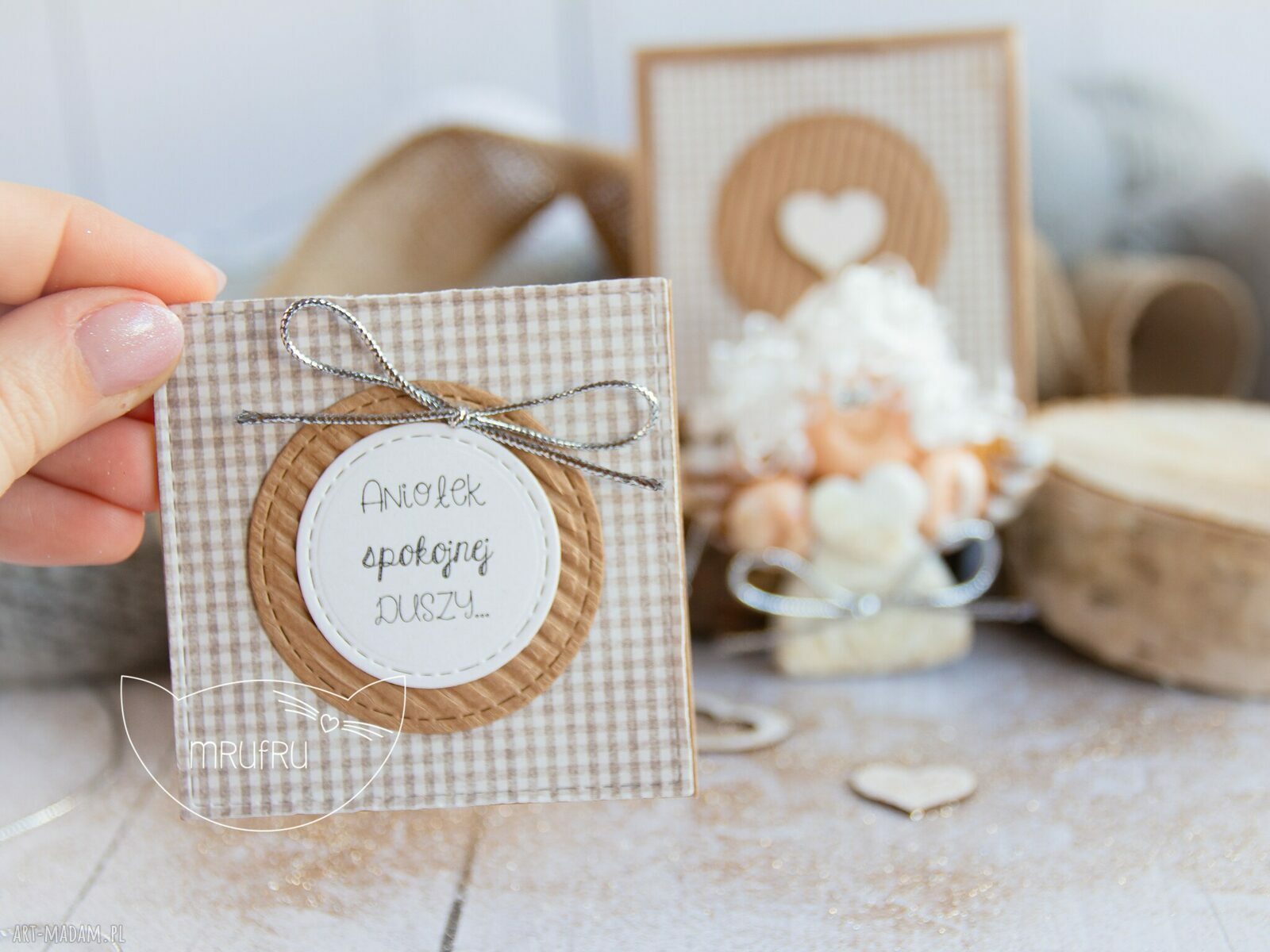 scrapbooking kartki: Aniołek spokojnej DUSZY. Personalizowana mini kartka, pudełeczko. Ręcznie