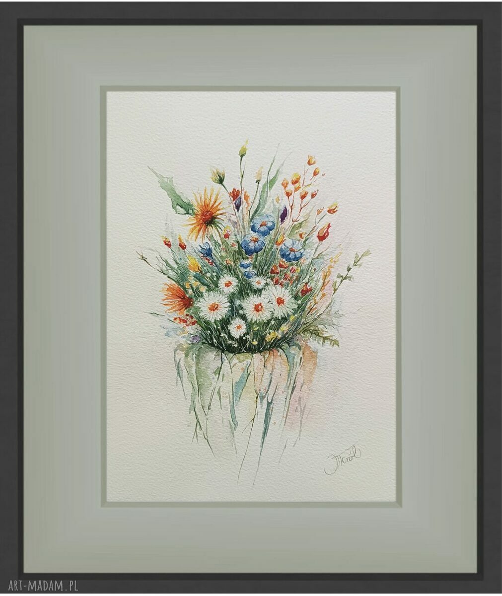 Urok łąki w wazonie - akwarela 23x31 cm z kwiatami polnymi w wazonie