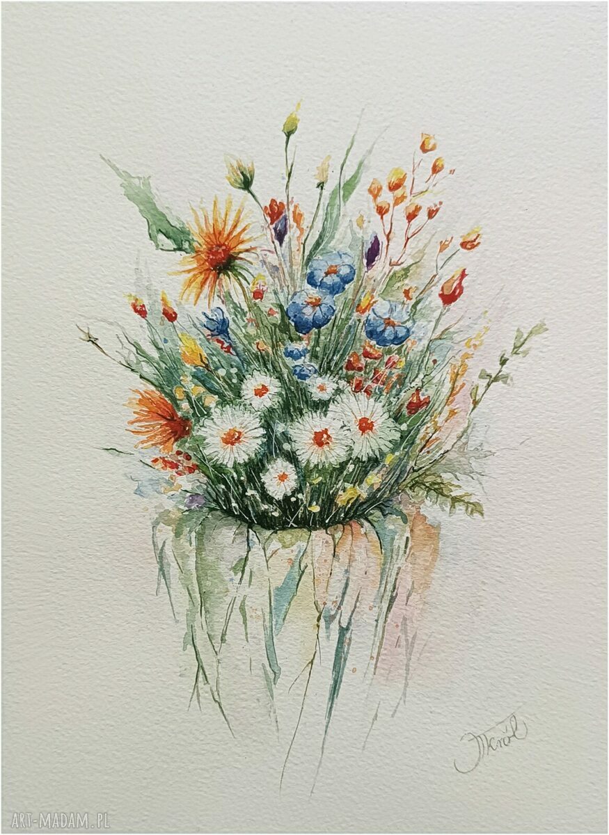 Urok łąki w wazonie - akwarela 23x31 cm z kwiatami polnymi w wazonie