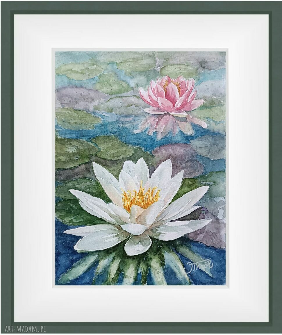 Urok wodnej natury - akwarela z kwiatami 32x24 cm