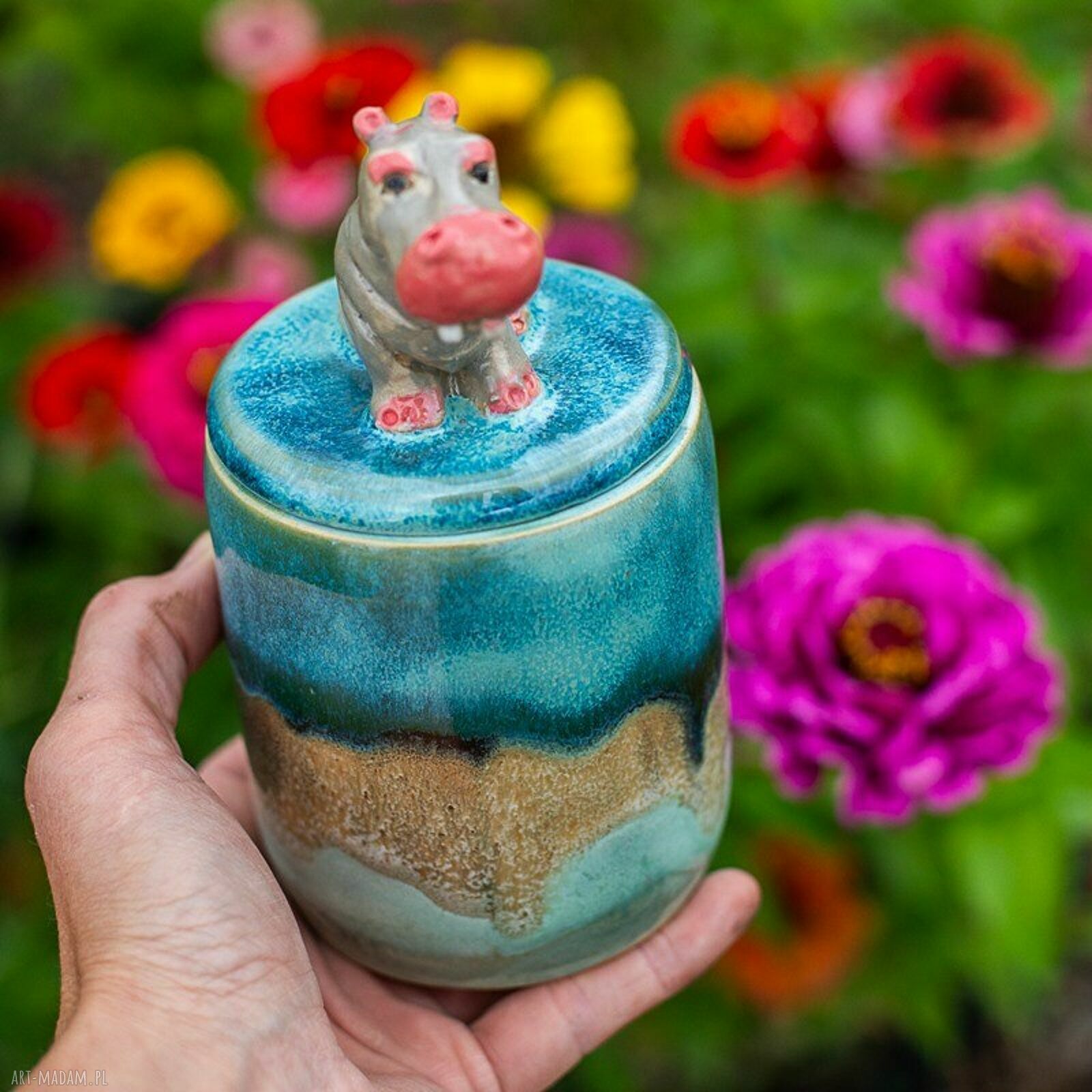 Ręcznie wykonana cukiernica ceramiczna z hipopotamem