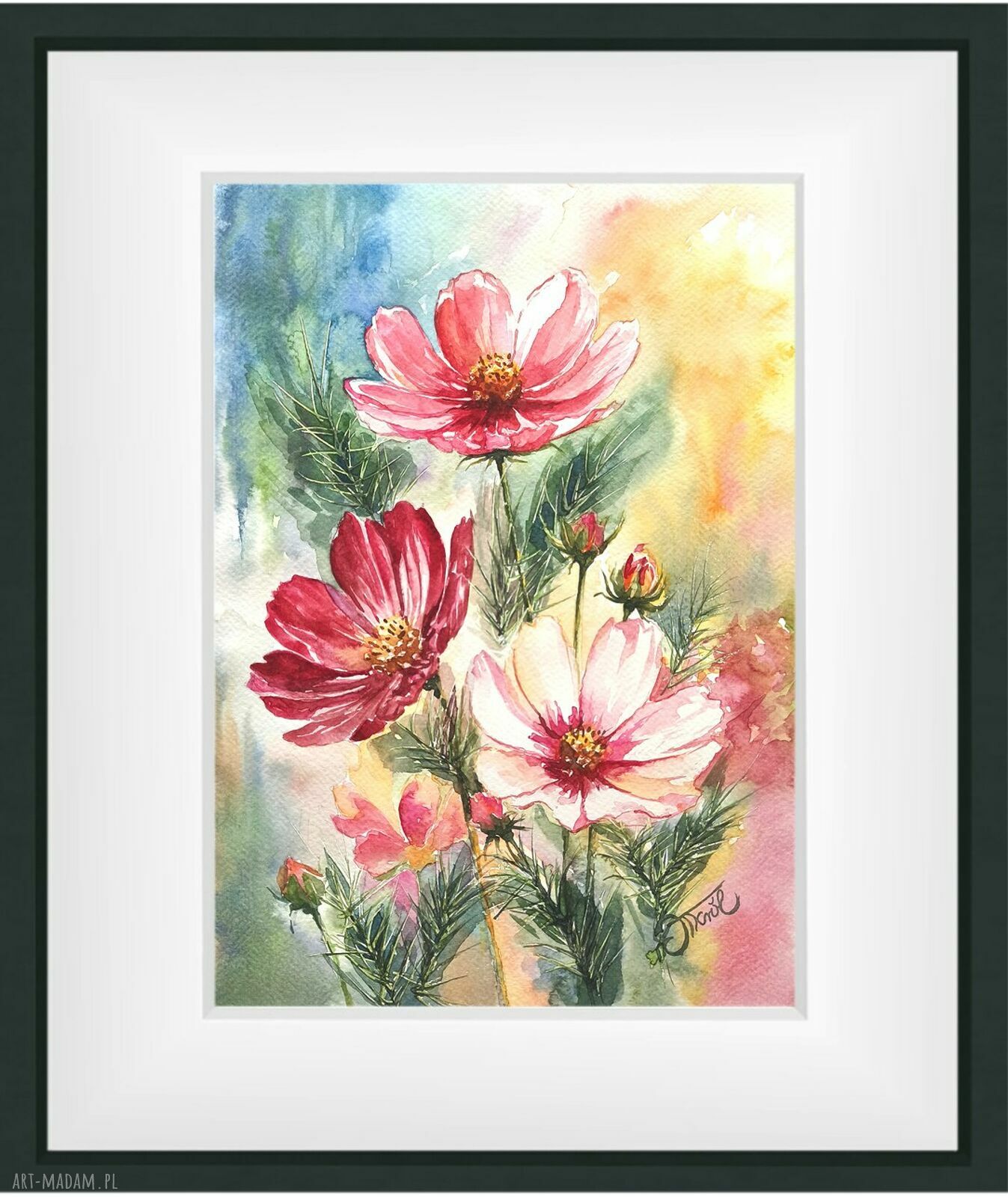 Uśmiech lata - oryginalna akwarela 24x32 cm (kwiaty kosmos)