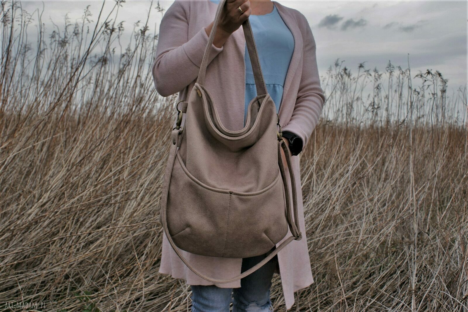 Workówka beż nubuk vegan torebka torba listonoszka boho bohemian