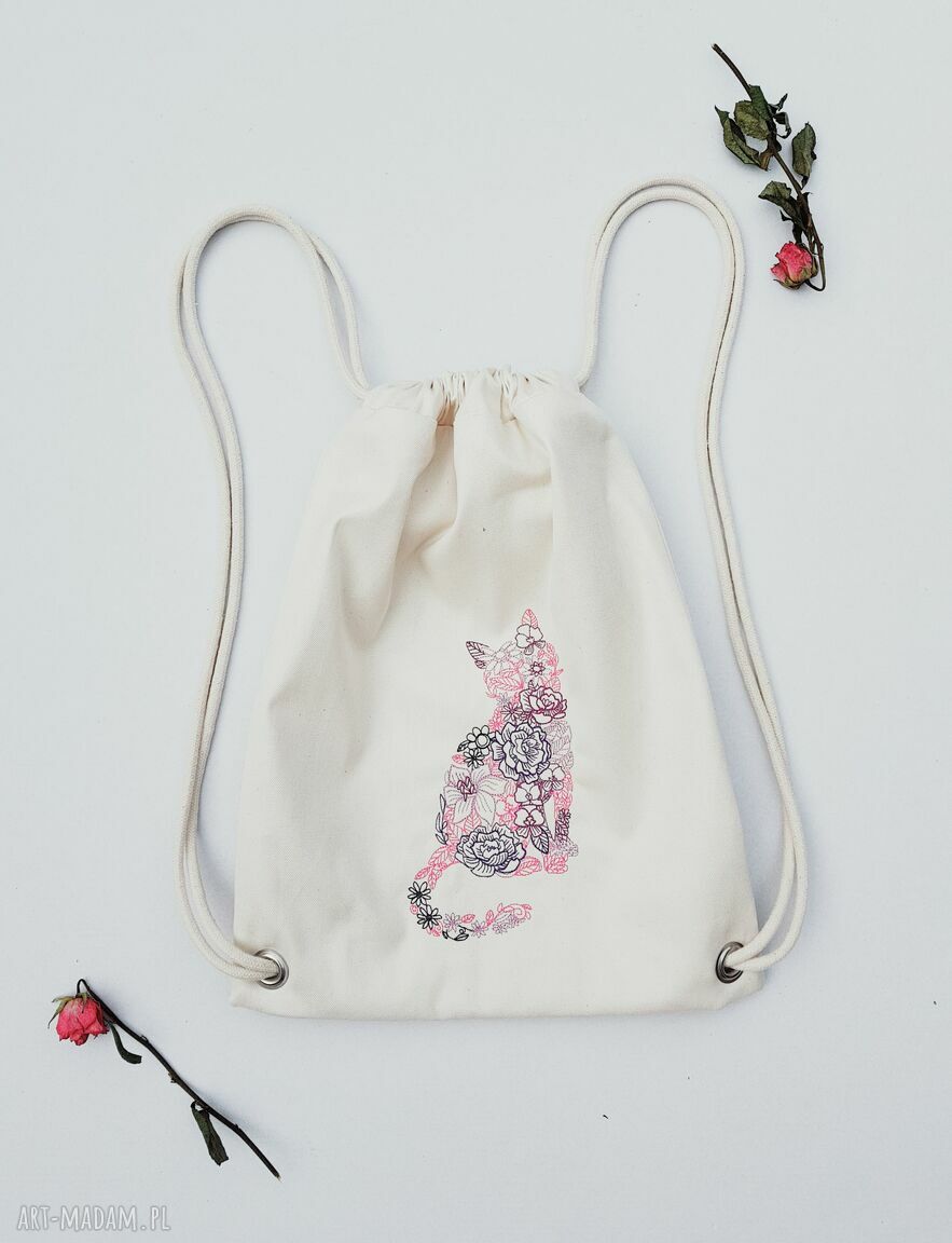 Plecak worek Floral Cat beżowy z haftem kota ręcznie szyty