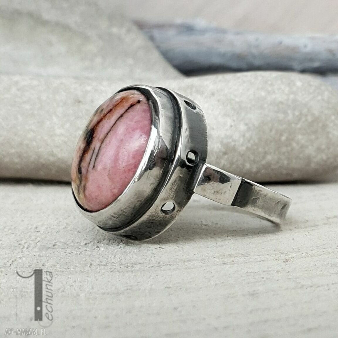 pierścionki: Lamuse I srebrny pierścionek z rodonitem ręczne wykonanie