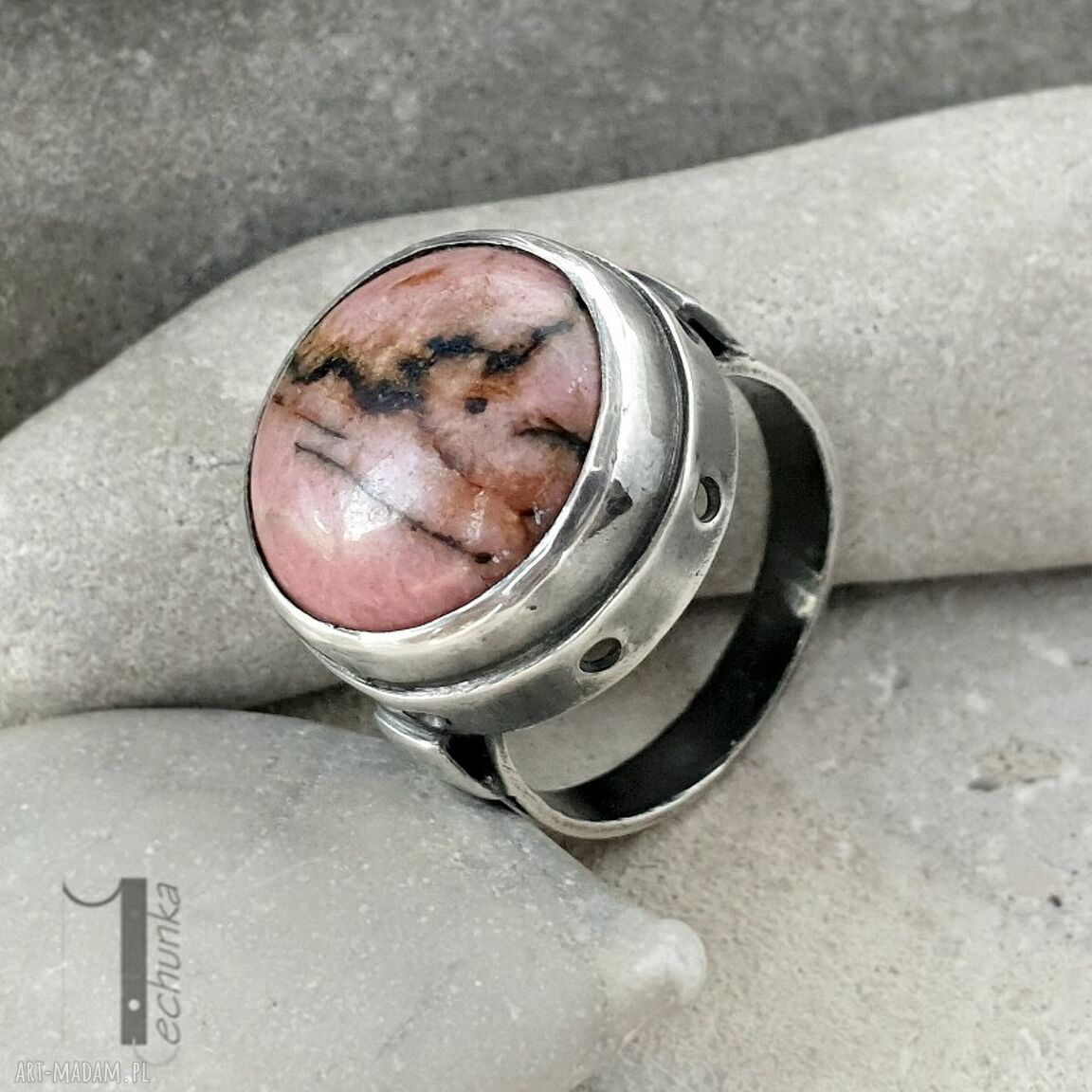 pierścionki: Lamuse I srebrny pierścionek z rodonitem ręczne wykonanie