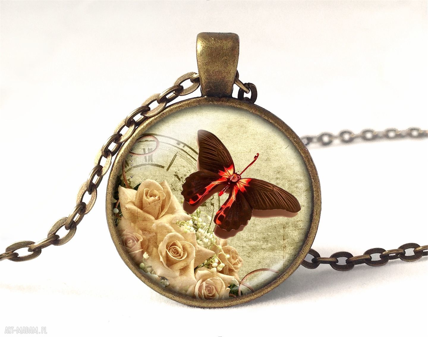 Vintage motyl medalion łańcuszkiem retro naszyjnik prezent