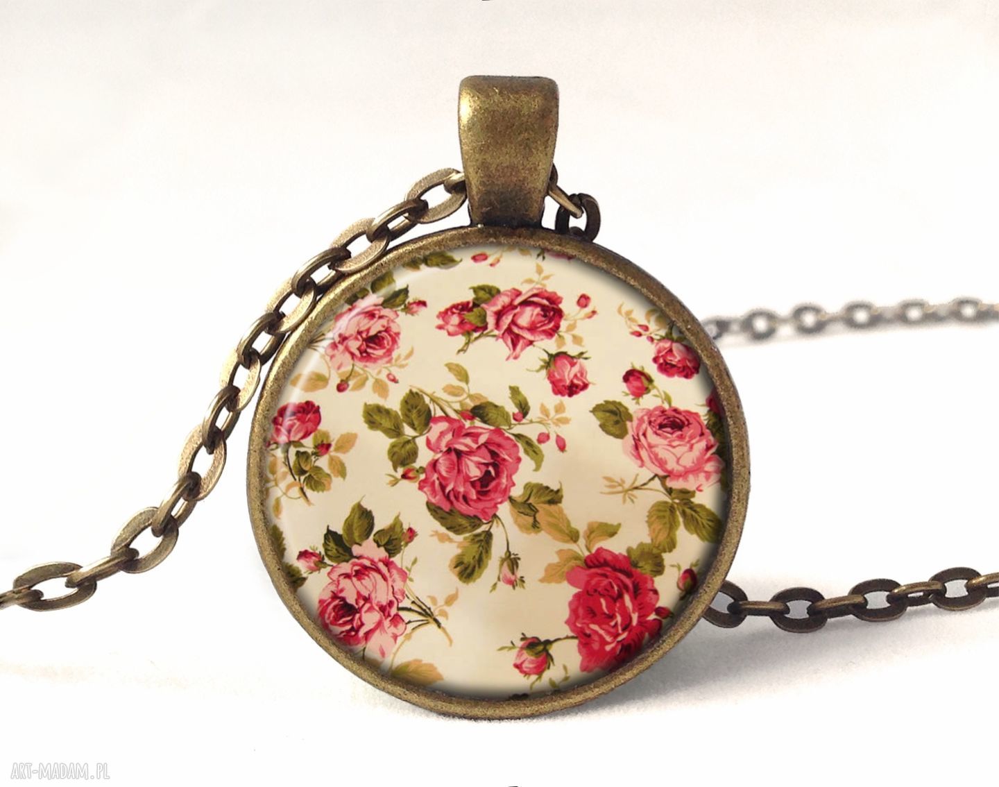 Retro róże medalion łańcuszkiem vintage kwiaty prezent ręcznie