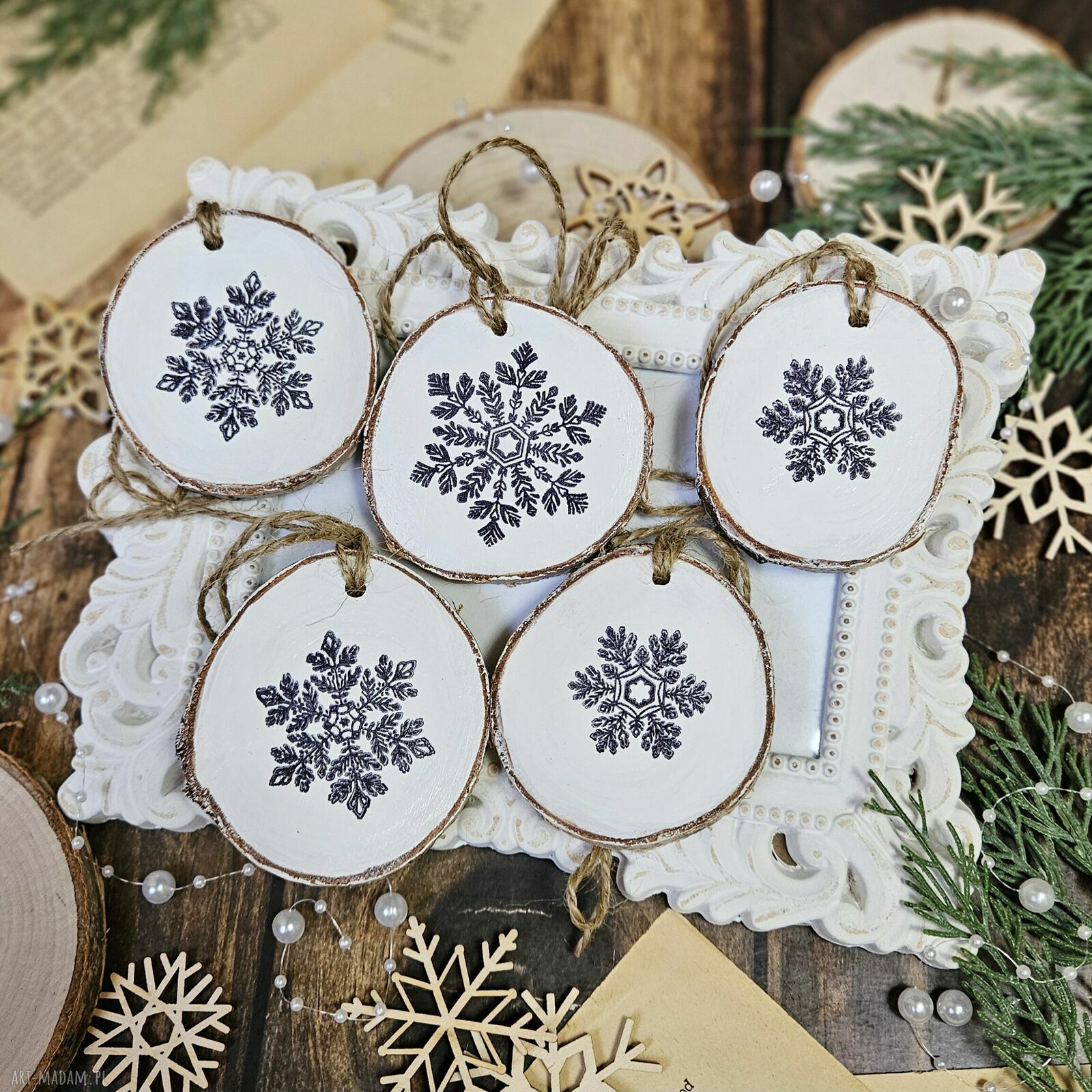 święta prezent: Zimowe plasterki dekoracje choinkowe decoupage vintage (zestaw 5 szt.)